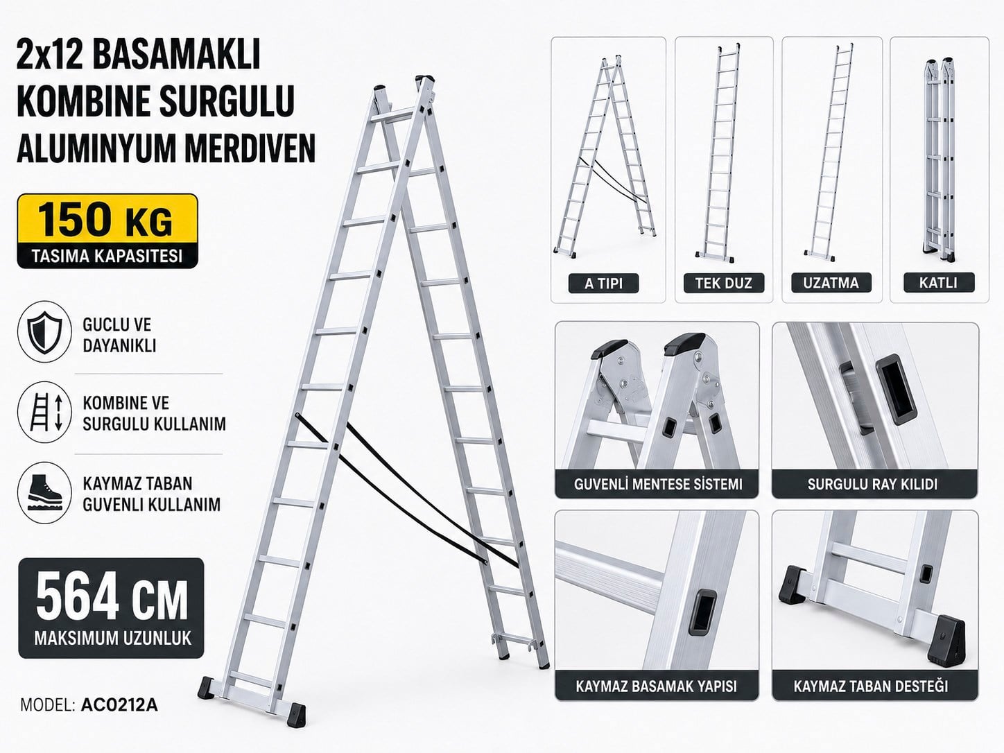 MerdivenlerMerdiven 2x12 Basamaklı Kombine Sürgülü Alümniyum (564 cm)
