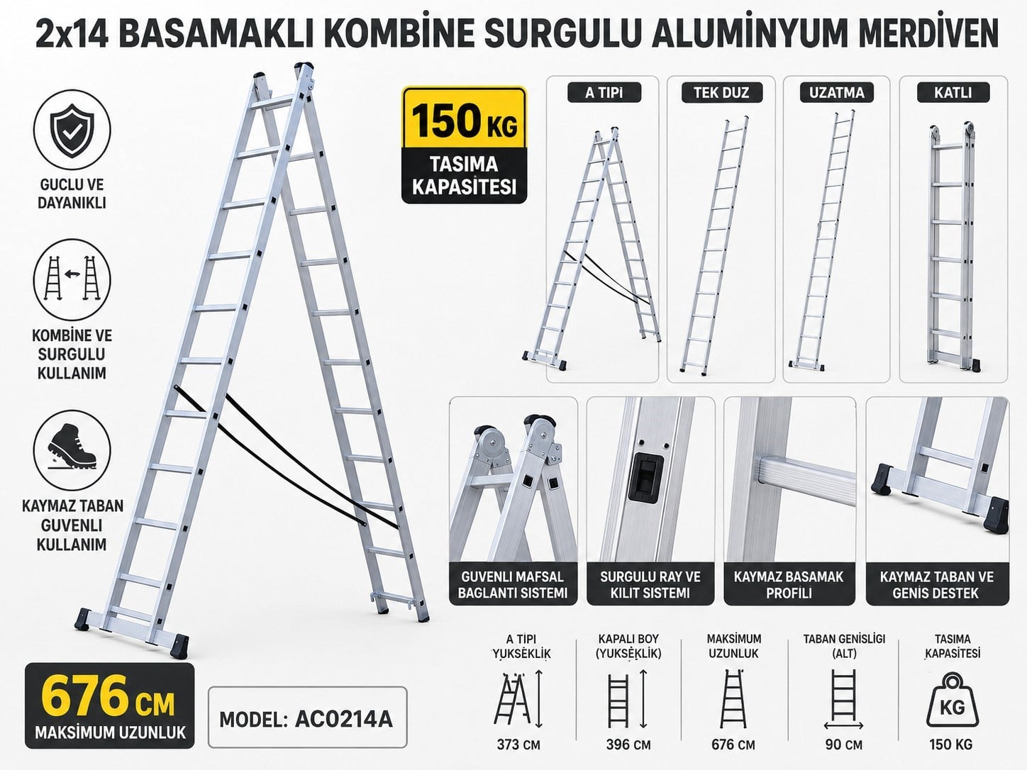 MerdivenlerMerdiven 2x14 Basamaklı Kombine Sürgülü Alüminyum (676 cm)