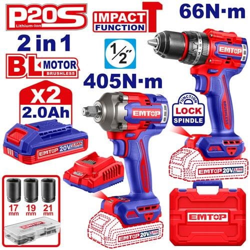 Tornavida ve Somun SıkmaEmtop Akülü Matkap+Somun Sıkma 2'li Set 20V 2Ah (Akü+Sarjer)