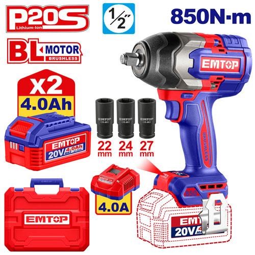 Tornavida ve Somun SıkmaEmtop Akülü Somun Sıkma 850Nm 20V 4Ah (2Akü+Sarjer)