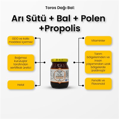 Toros Dağı Ham Bal + Arı Sütü + Polen + Propolis Karışım Balı 225 g e