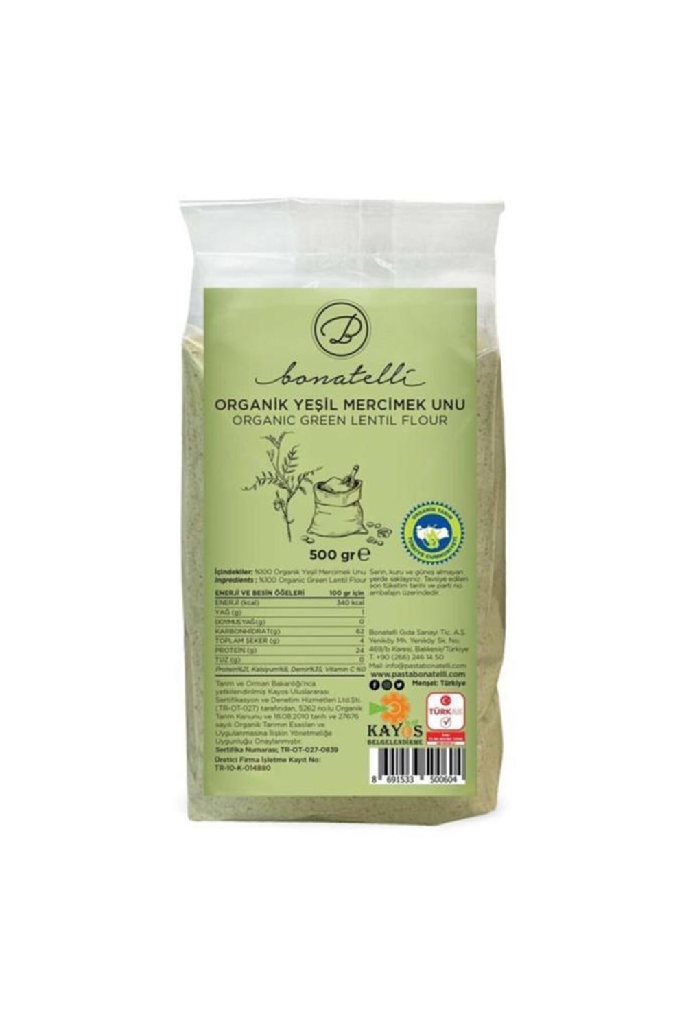 Bonatelli Organik Yeşil Mercimek Unu 500 G