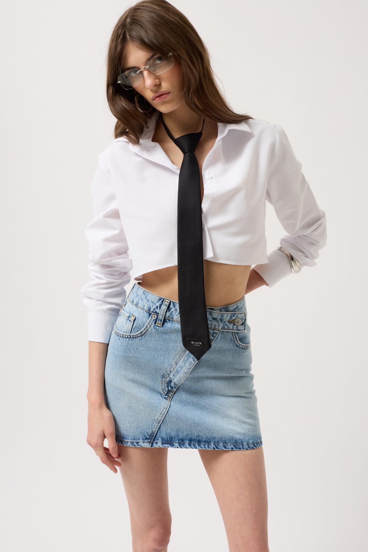 Asimetrik Kemer Denim Mini Mavi Etek