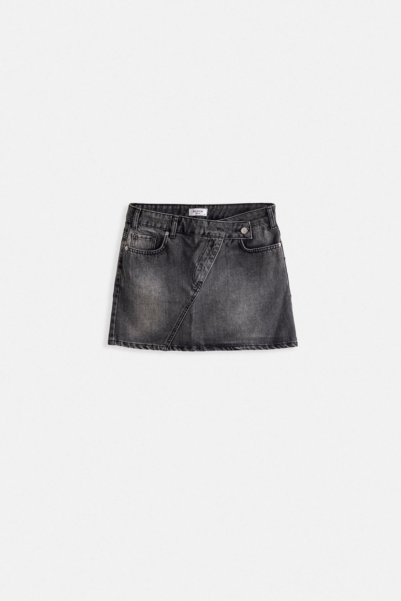 Asimetrik Kemer Denim Mini Siyah Etek