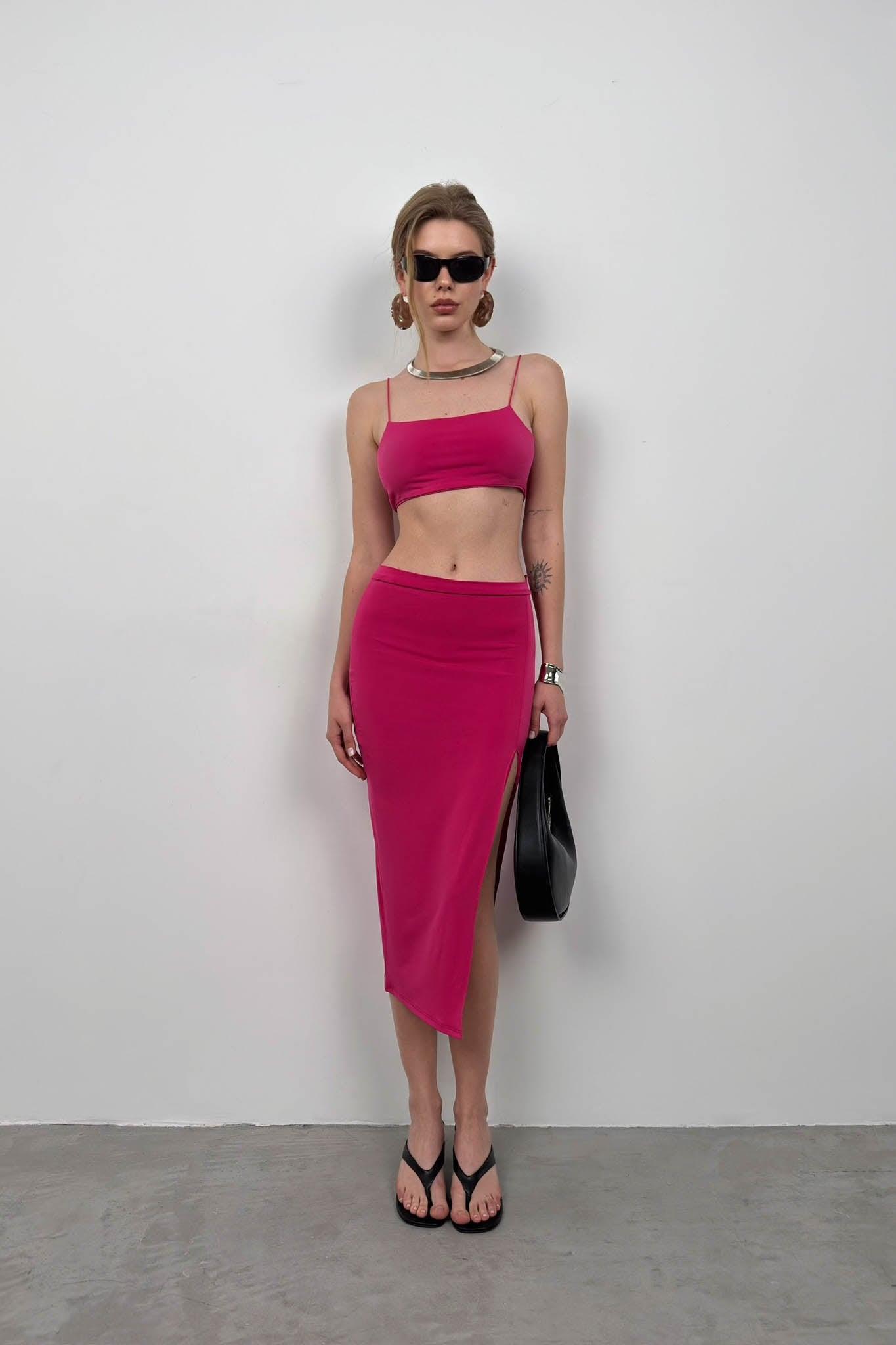 Askılı Crop Yırtmaçlı Fuşya Etek Takım