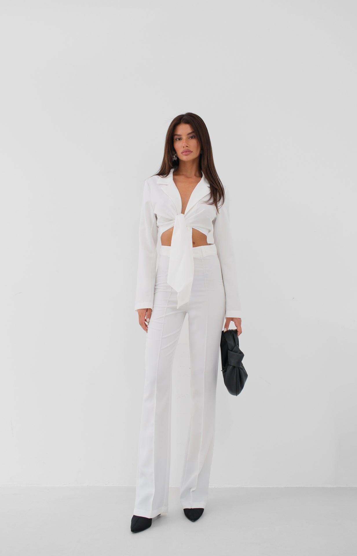 Bağlamalı Ekru Crop Ceket Pantolon Takım