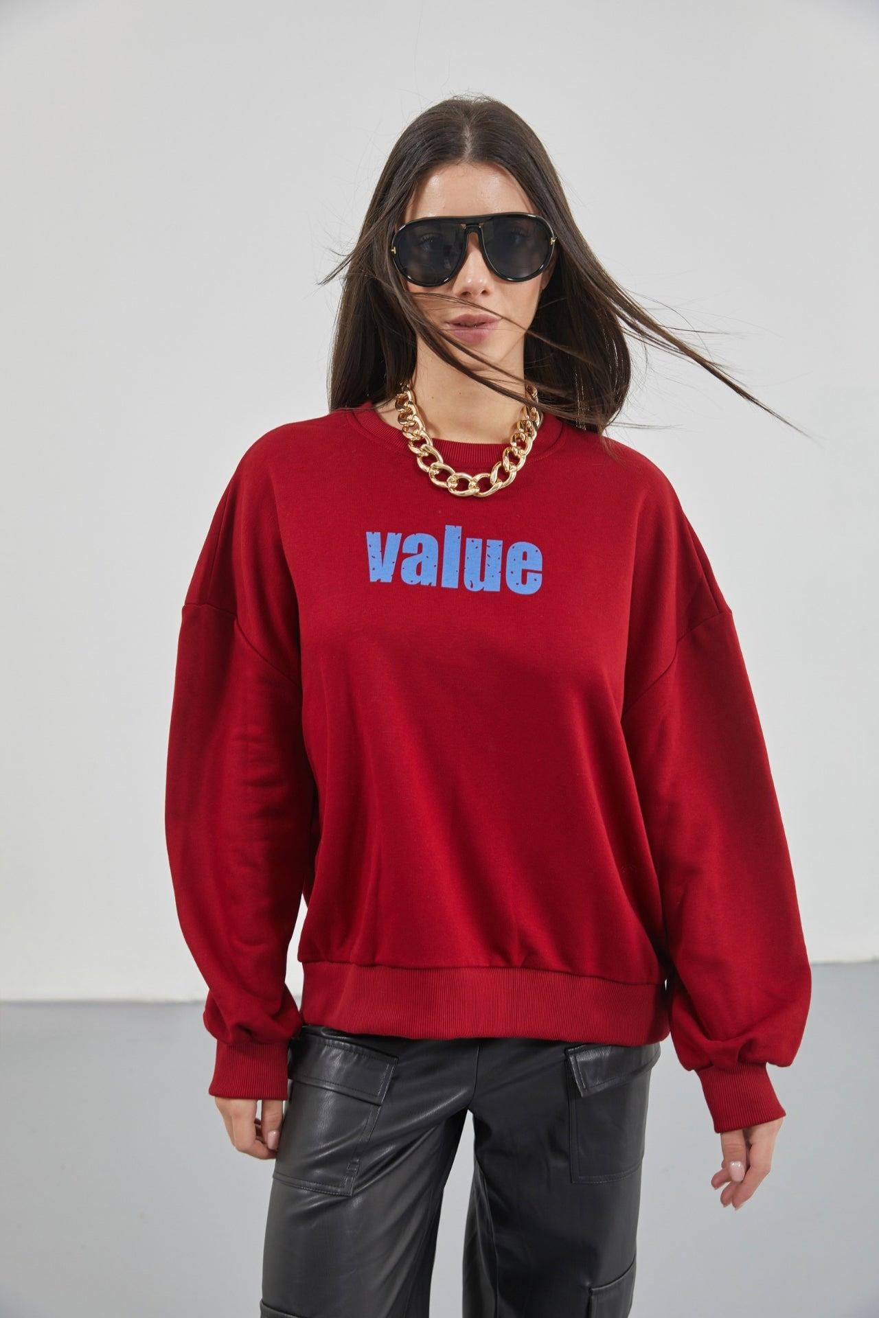 Baskılı Sıfır Yaka Oversize Bordo Sweatshirt