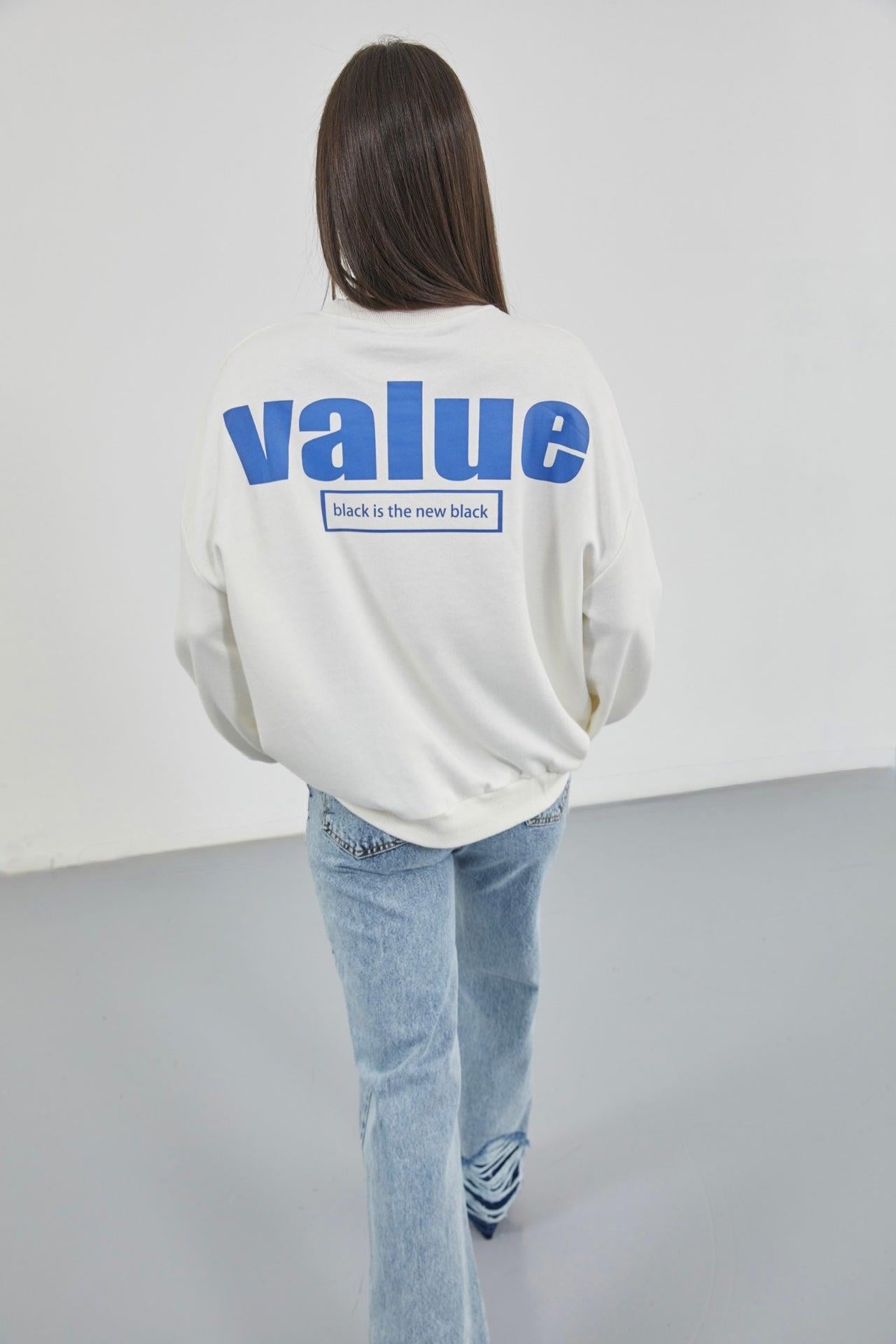 Baskılı Sıfır Yaka Oversize Ekru Sweatshirt