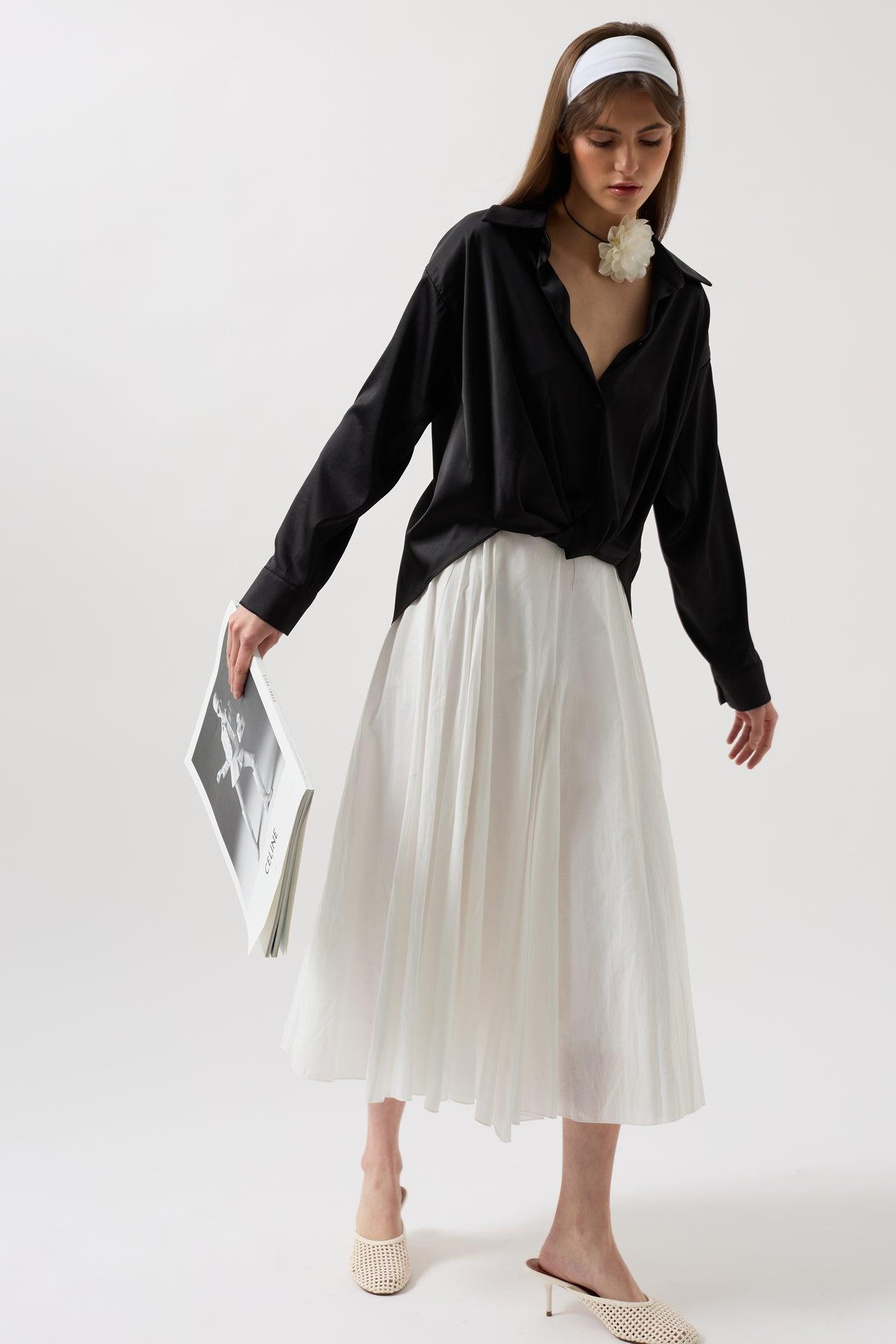Bel Büzgülü Crop Saten Siyah Gömlek