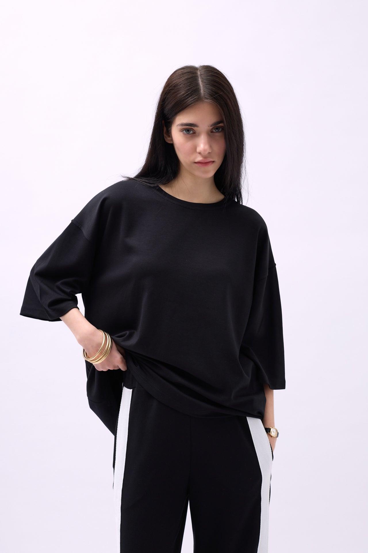 Bisiklet Yaka Oversize Siyah T-Shirt
