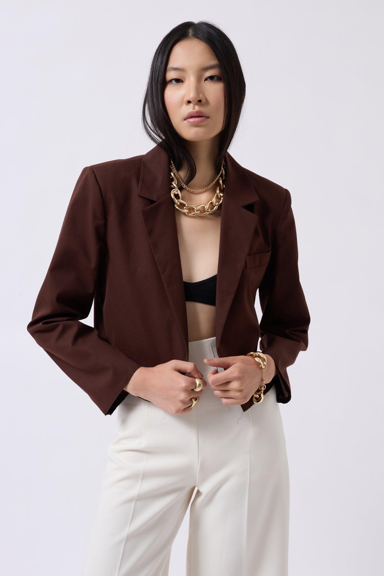 Crop Keten Blazer Kahverengi Ceket