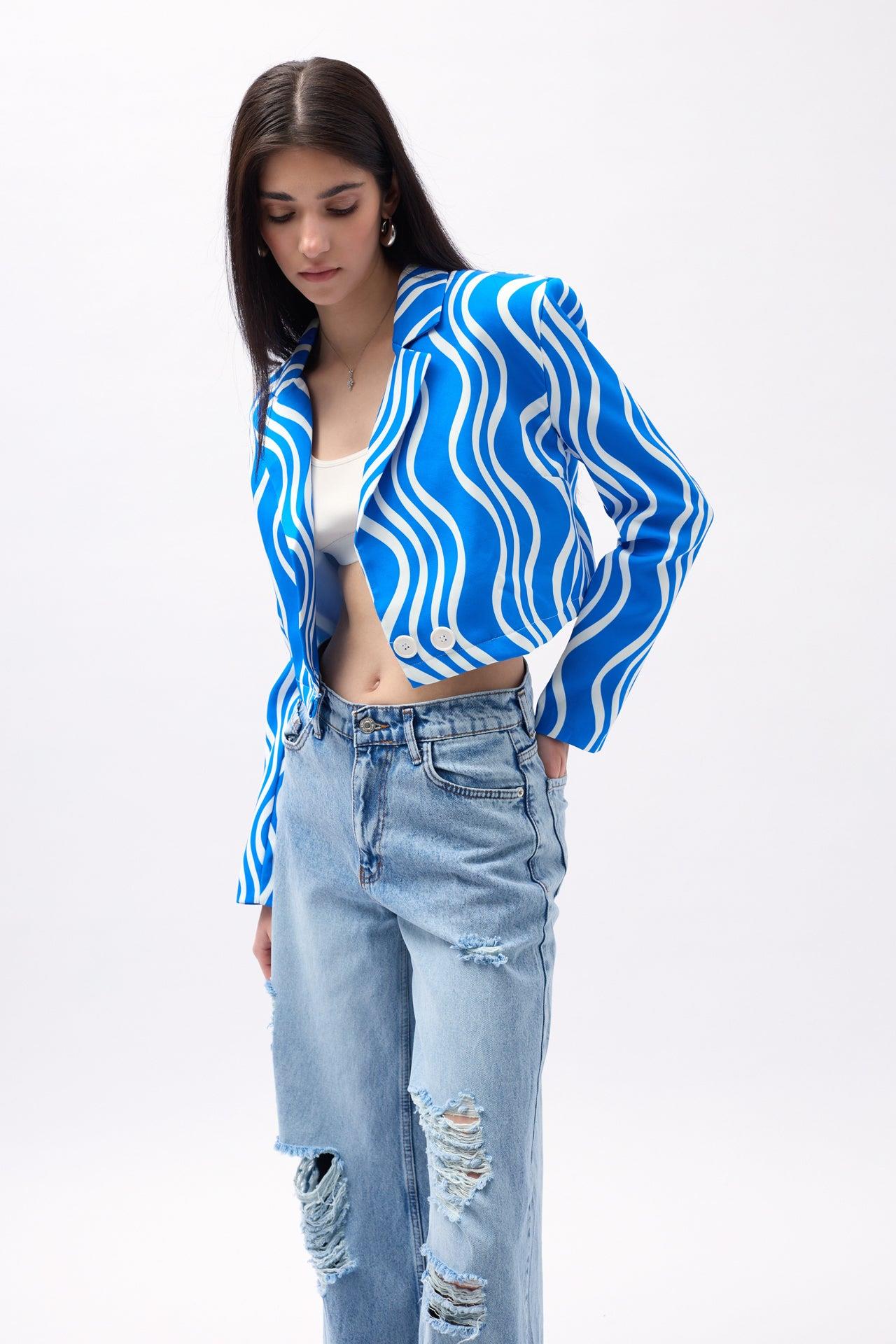 Desenli Mavi Crop Ceket