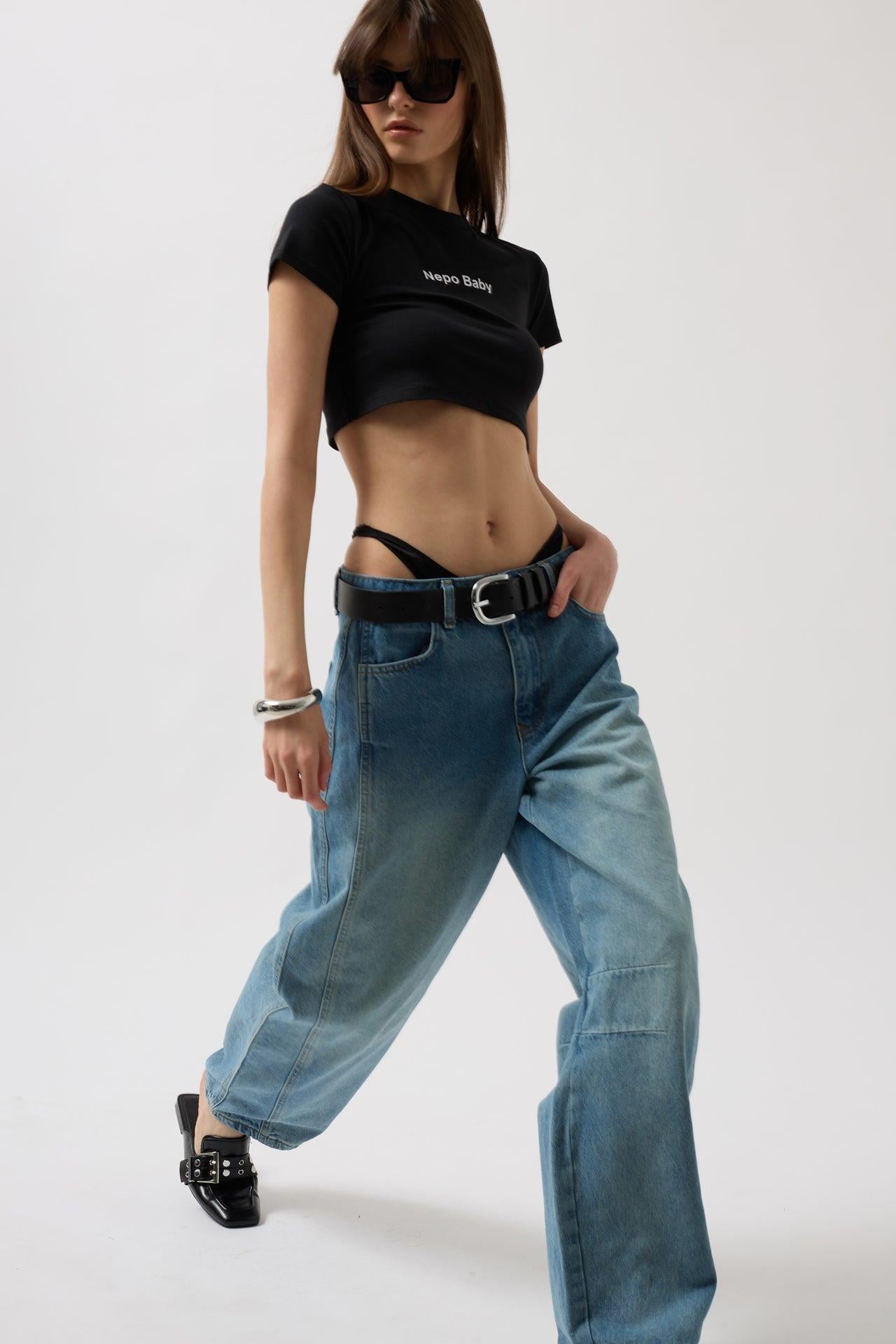 Dikiş Detay Wide Leg Mavi Jean