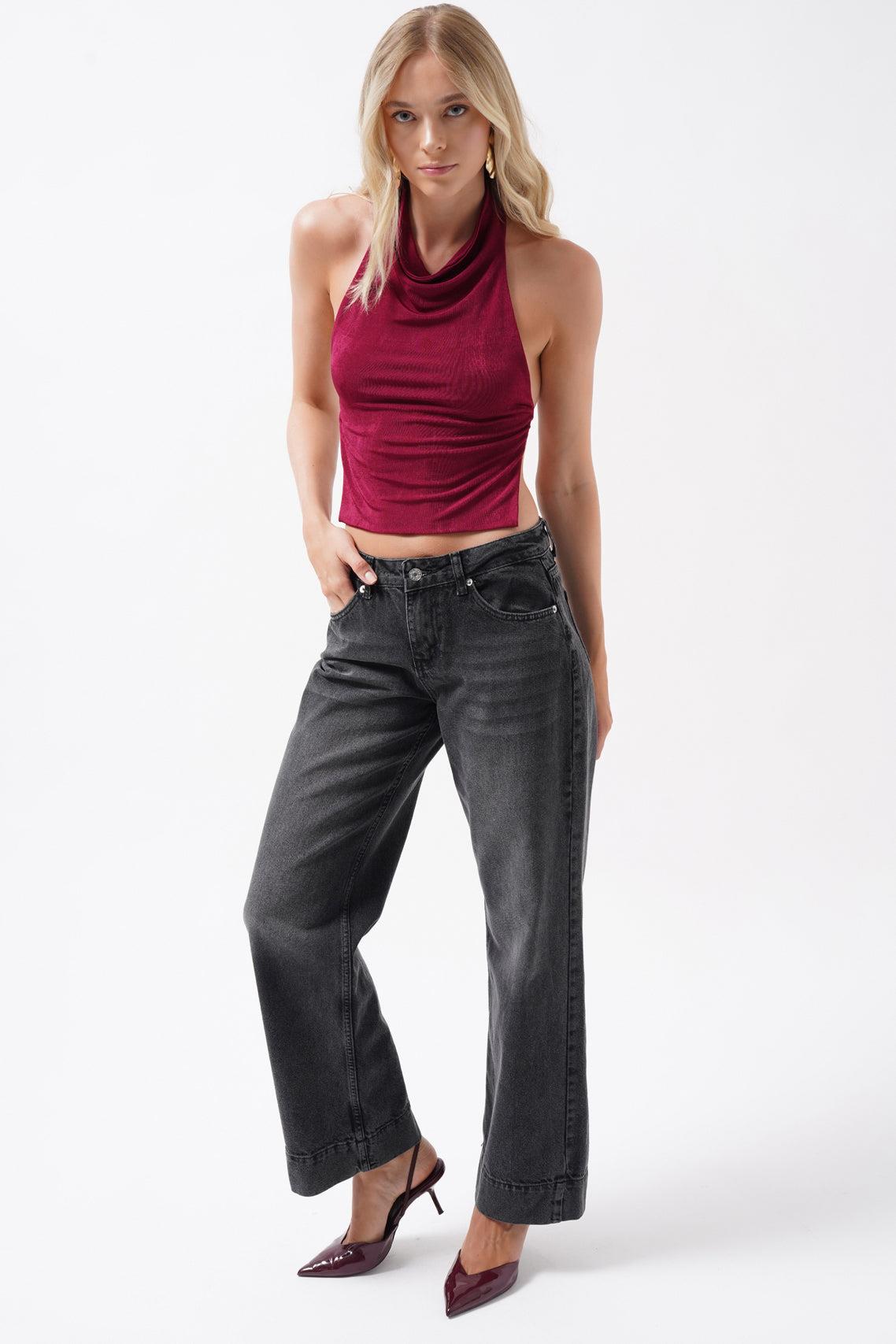 Double Paça Yüksek Bel Siyah Jean