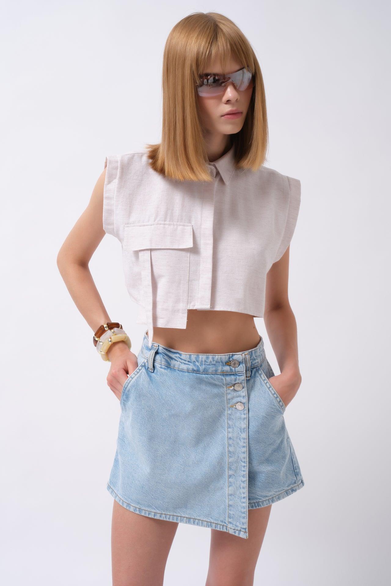 Düğme Detay Denim Mini Mavi Etek