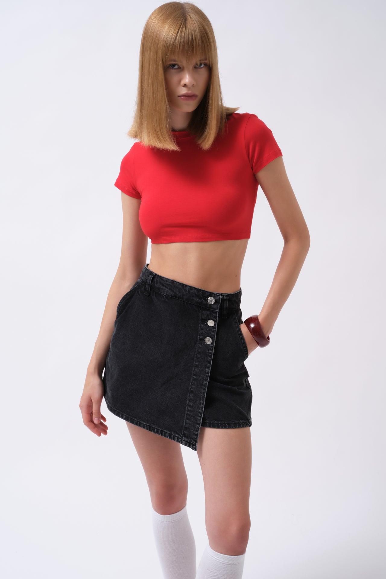 Düğme Detay Denim Mini Siyah Etek