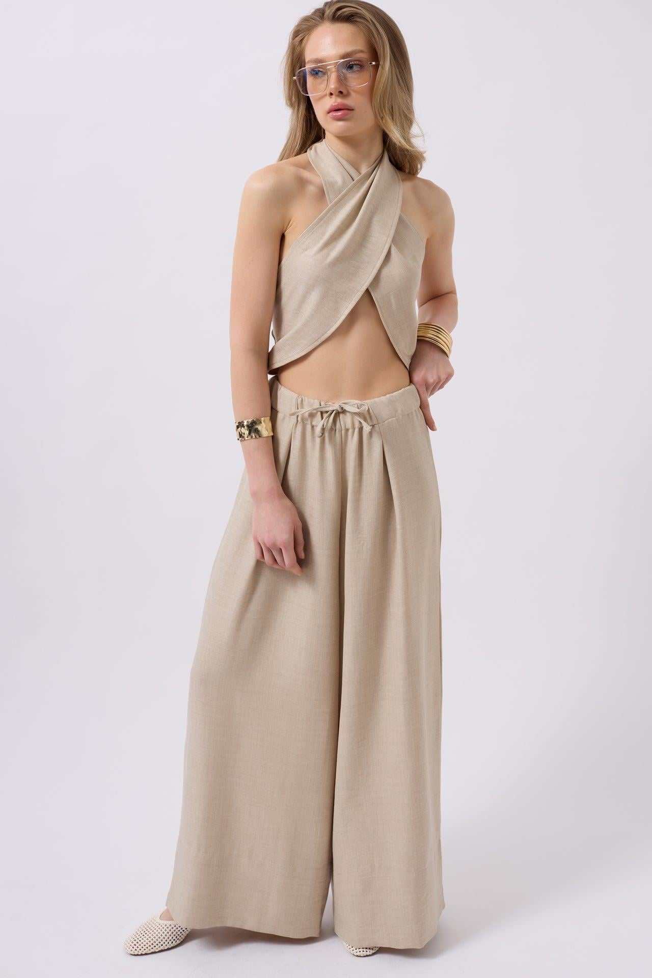 Düşük Bel Oversize Keten Taş Pantolon