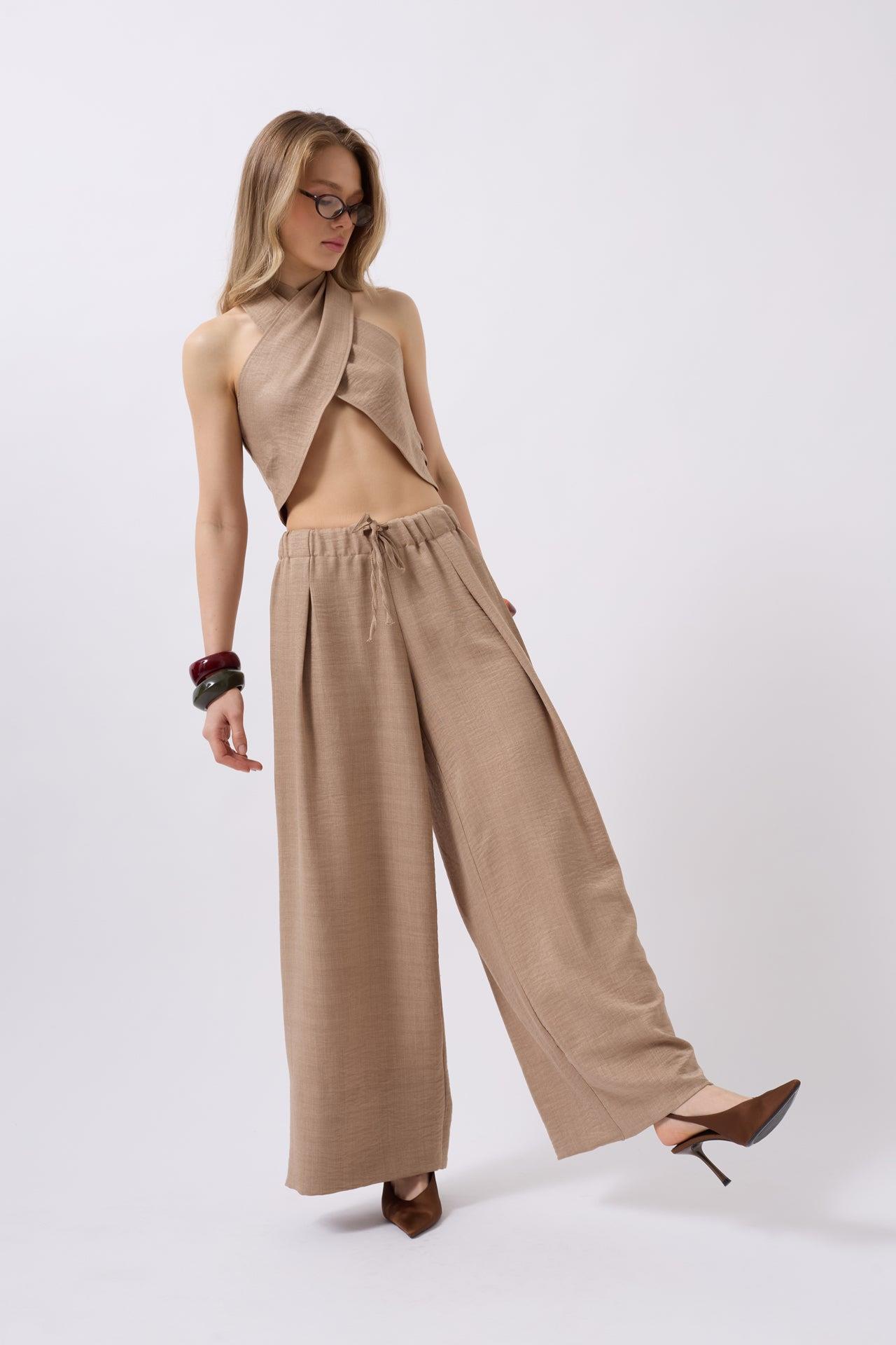 Düşük Bel Oversize Keten Vizon Pantolon