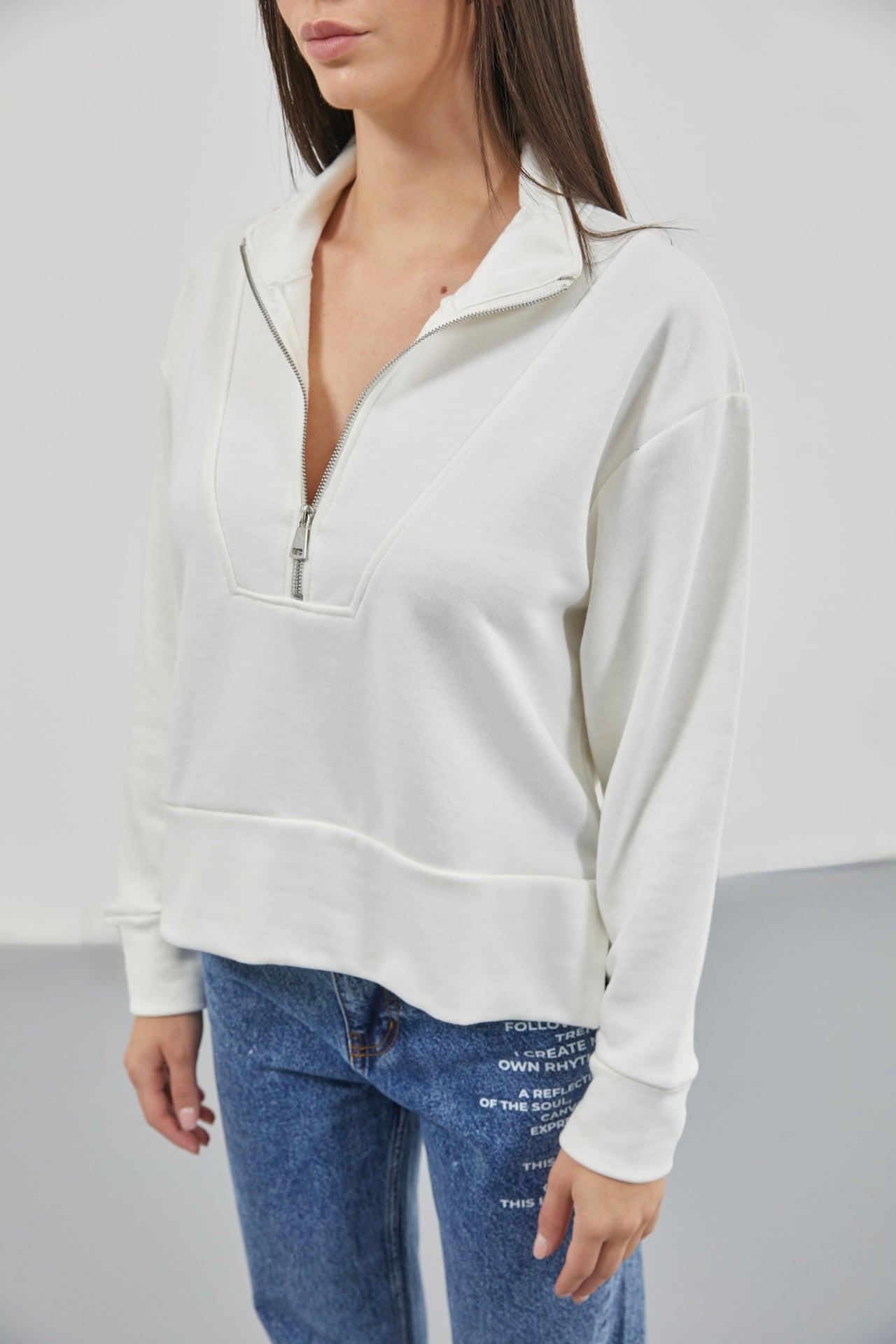 Fermuar ve Dikiş Detaylı Ekru Sweatshirt
