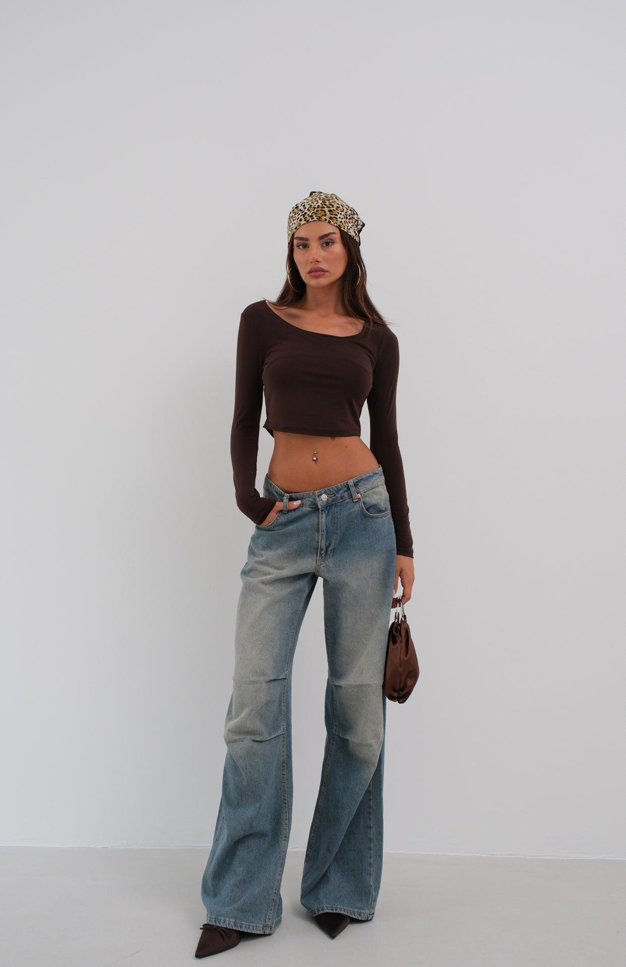 Kare Yaka Kahverengi Crop Top
