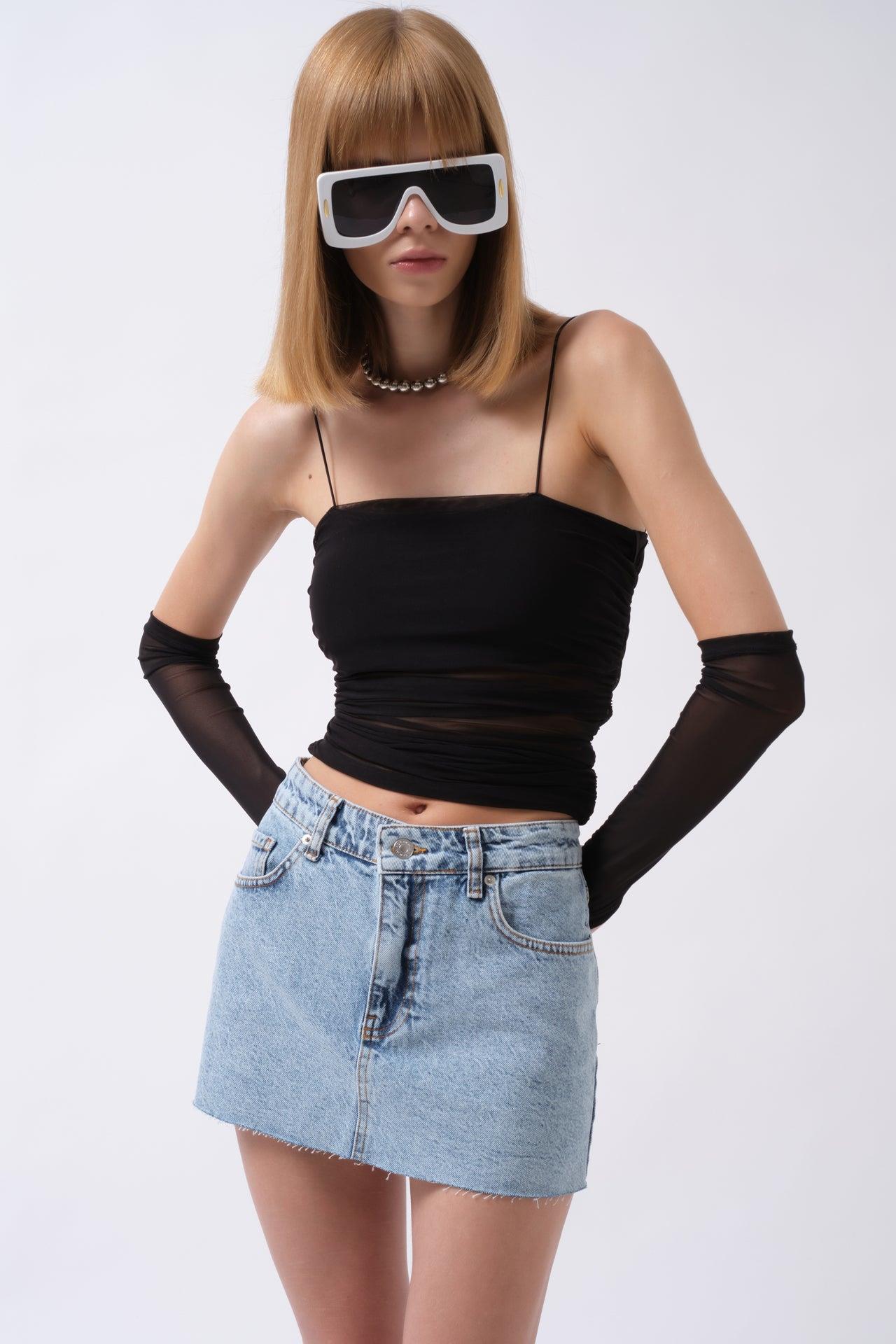 Lazer Kesim Denim Mini Mavi Etek