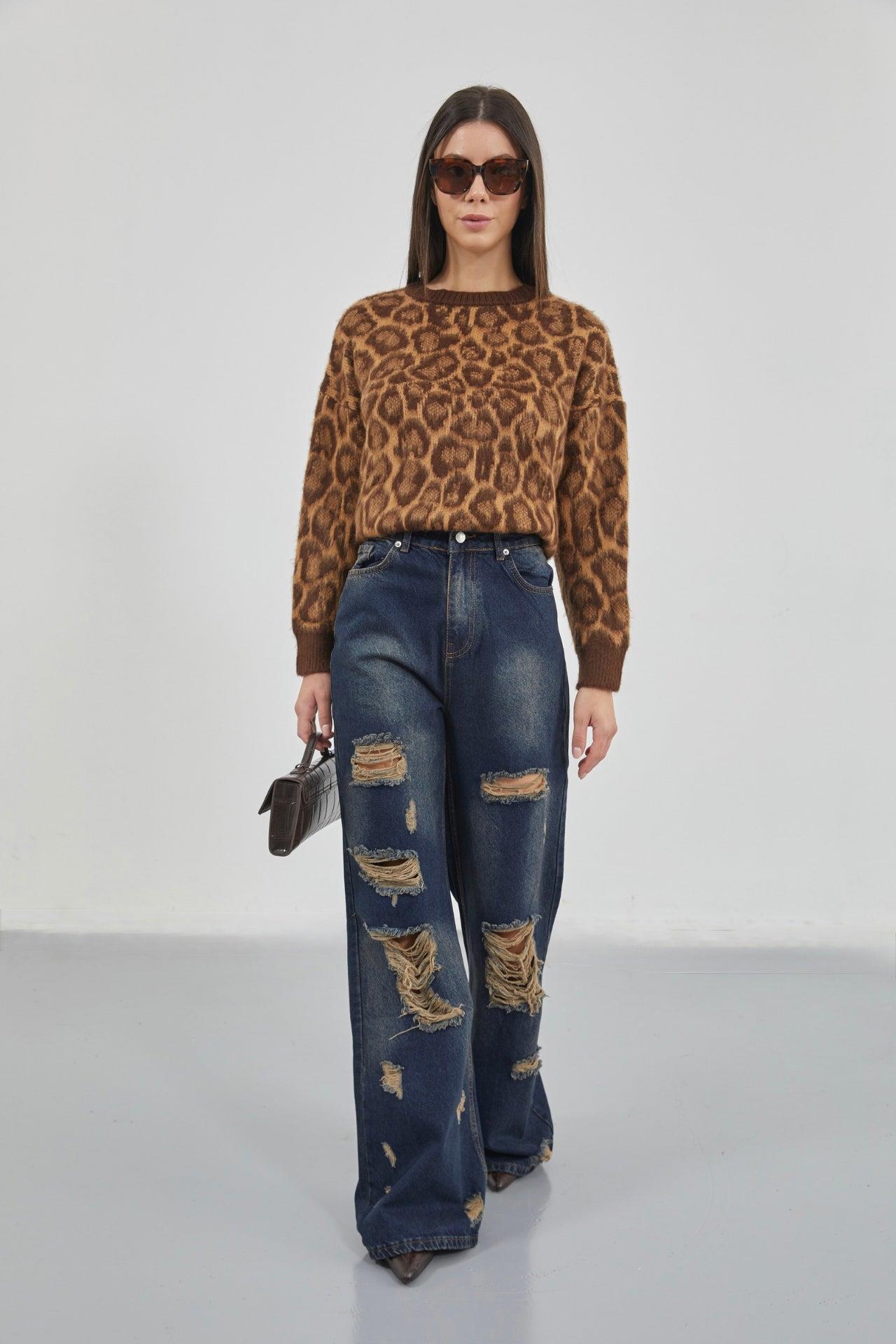 Lazer Kesim Wide Leg Yüksek Bel Mavi Jean