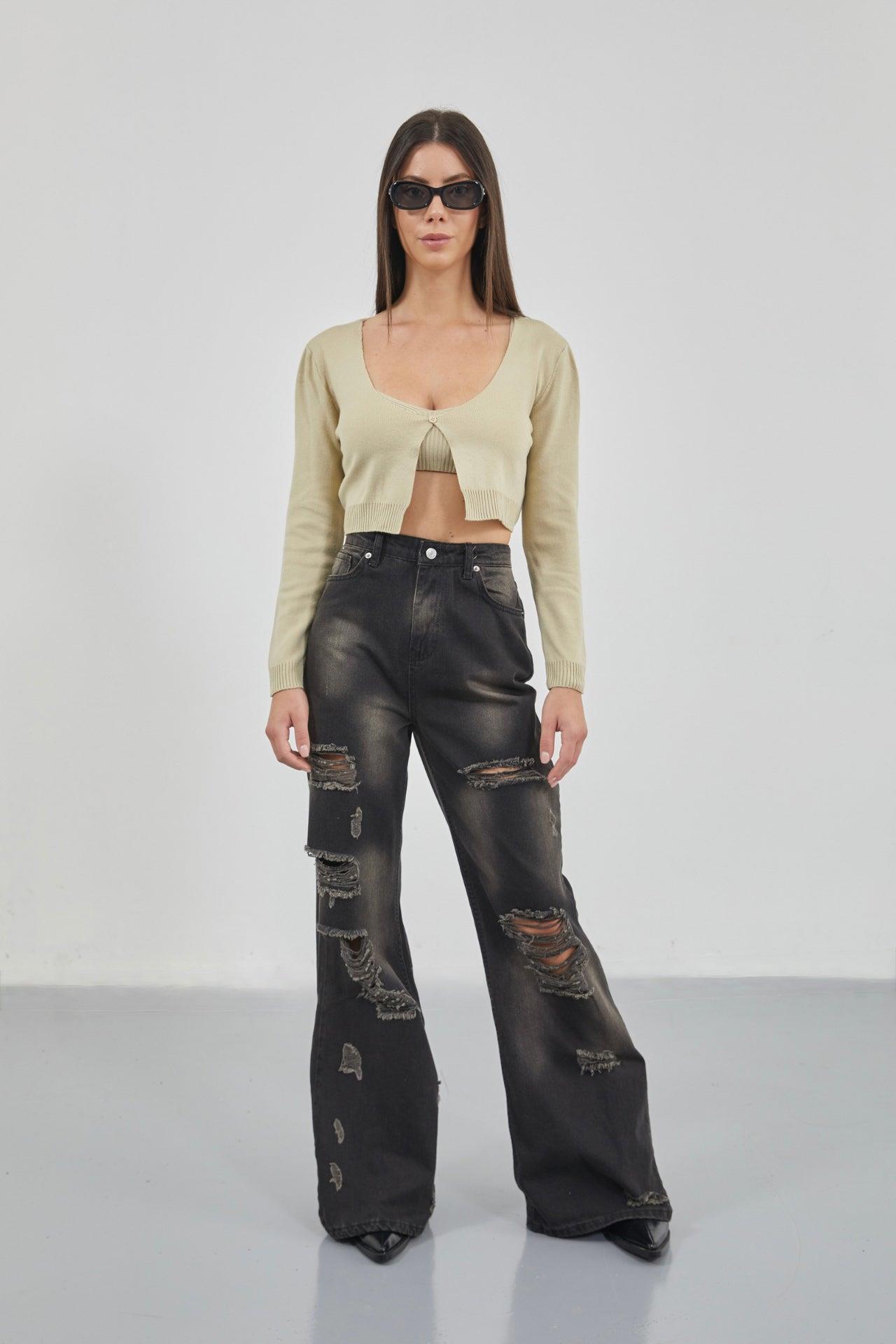 Lazer Kesim Wide Leg Yüksek Bel Siyah Jean