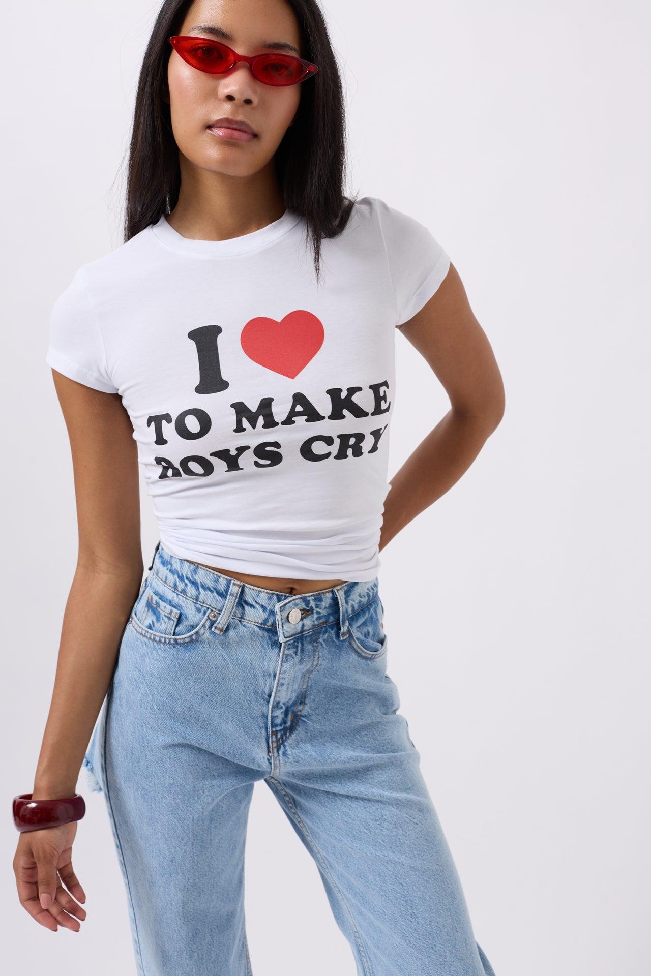 Nakış Detay Baskılı Crop Beyaz T-Shirt