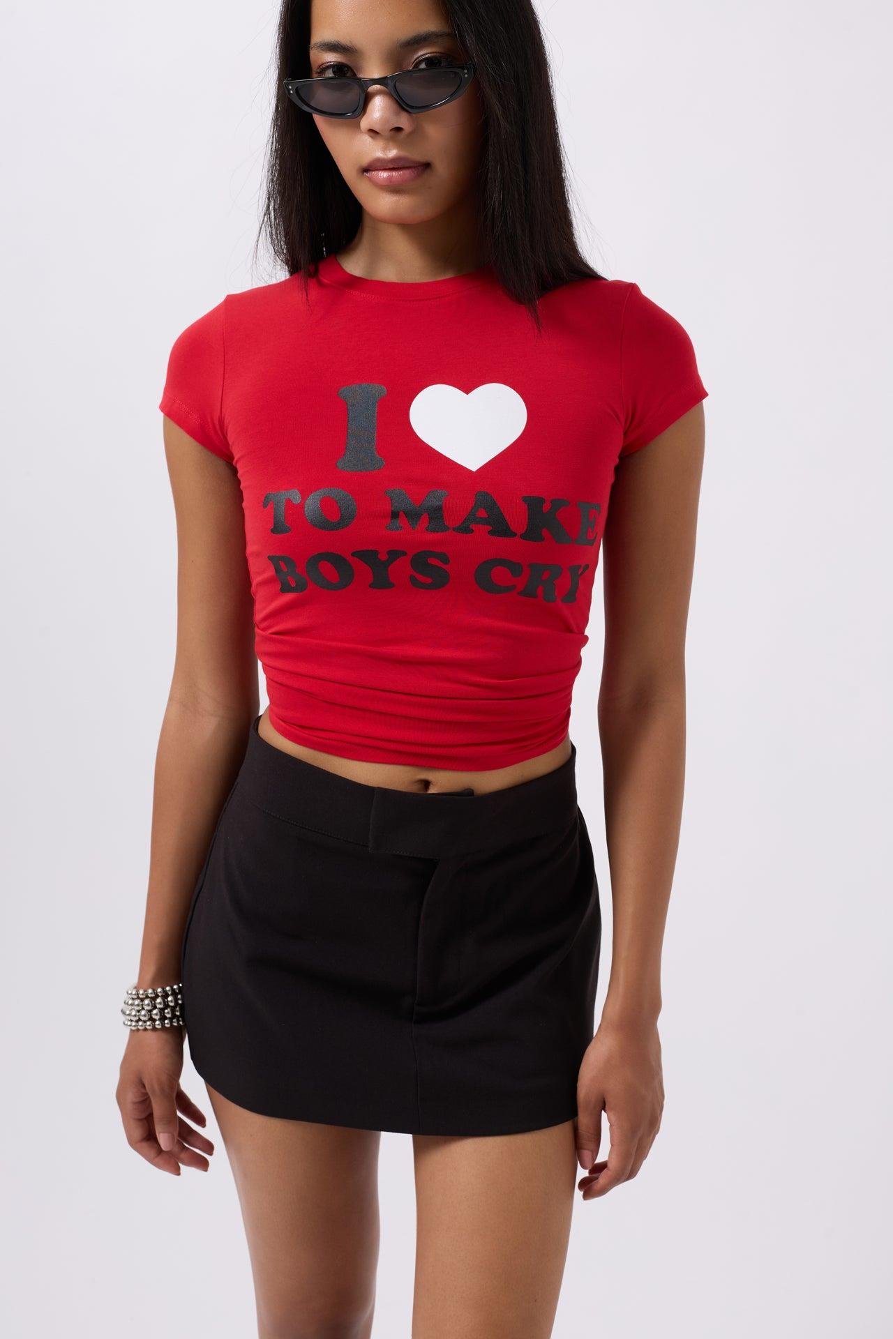 Nakış Detay Baskılı Crop Kırmızı T-Shirt