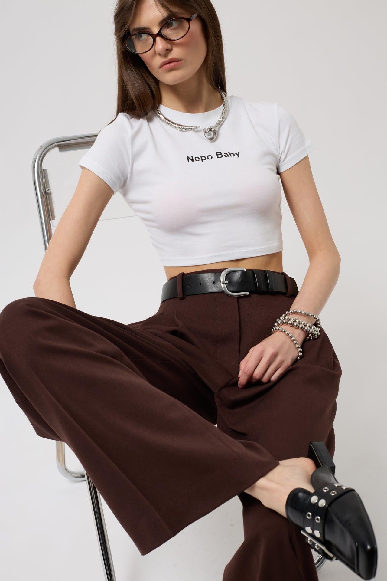 Nepo Baskılı Crop Beyaz T-Shirt