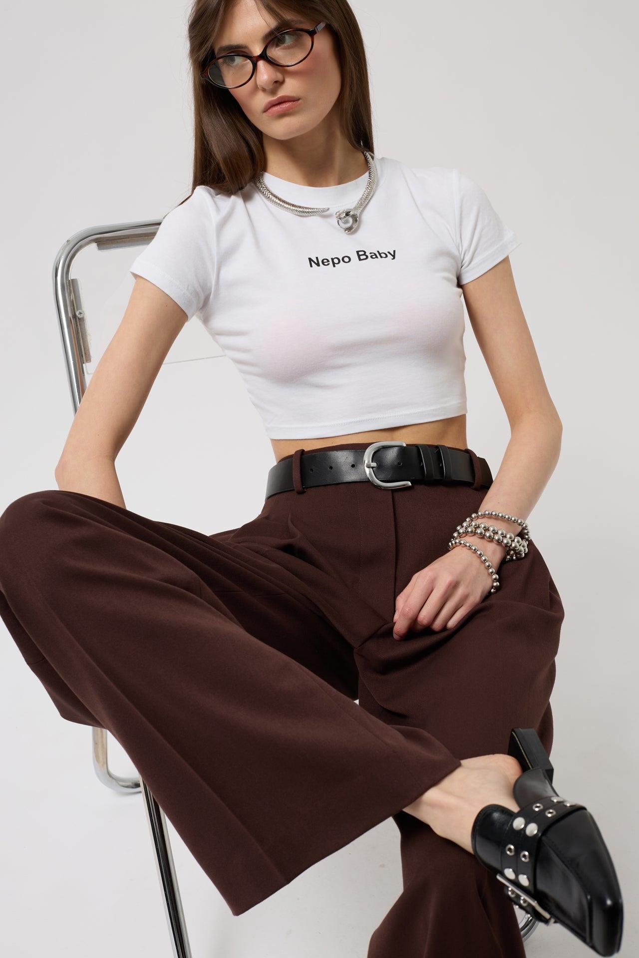 Nepo Baskılı Crop Beyaz T-Shirt