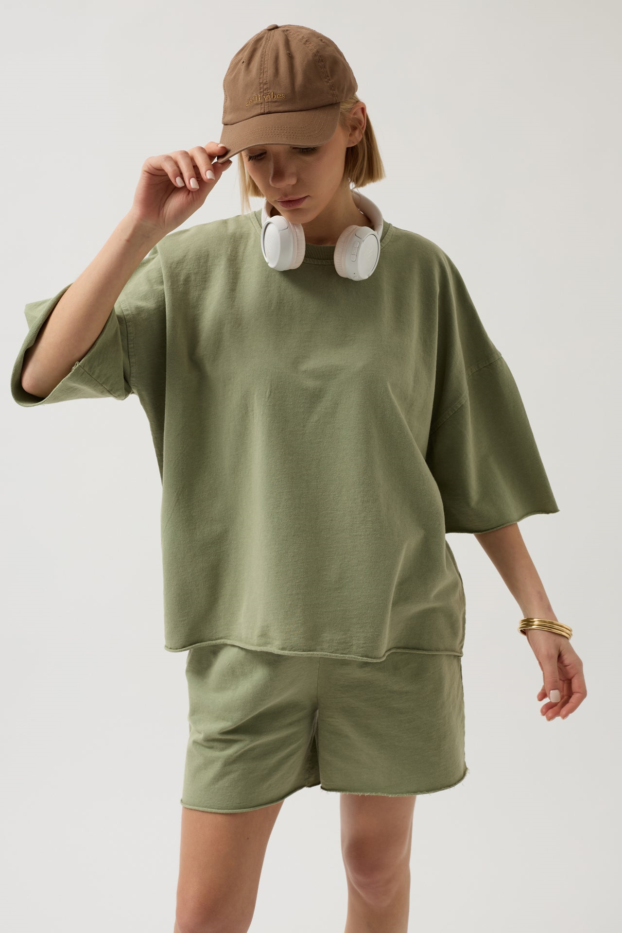Oversize Lazer Kesim Bisiklet Yaka Haki T-Shirt