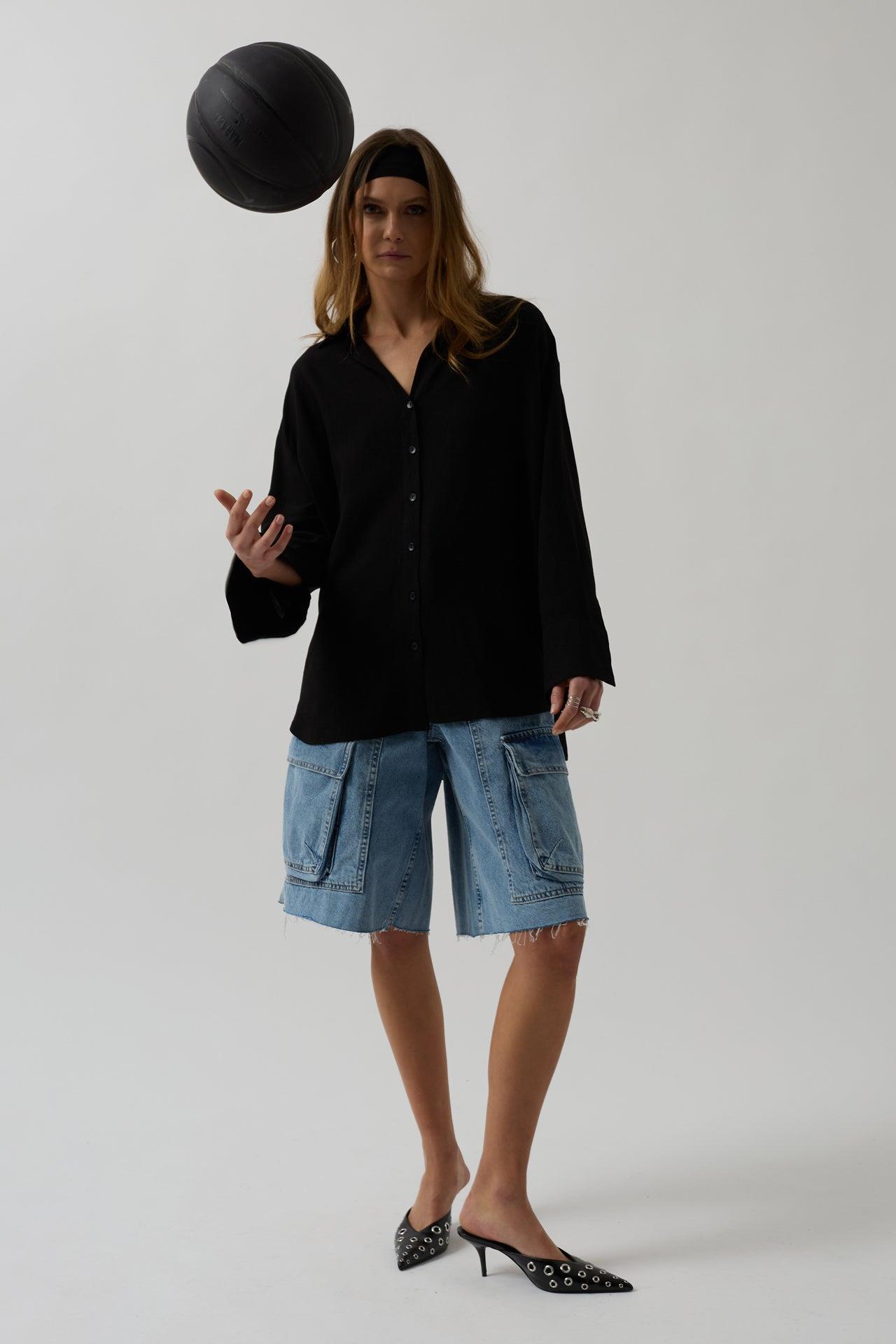 Oversize Siyah Keten Gömlek