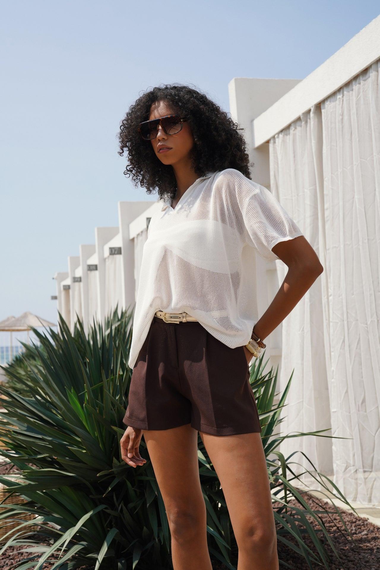 Polo Yaka Transparan Ekru T-Shirt