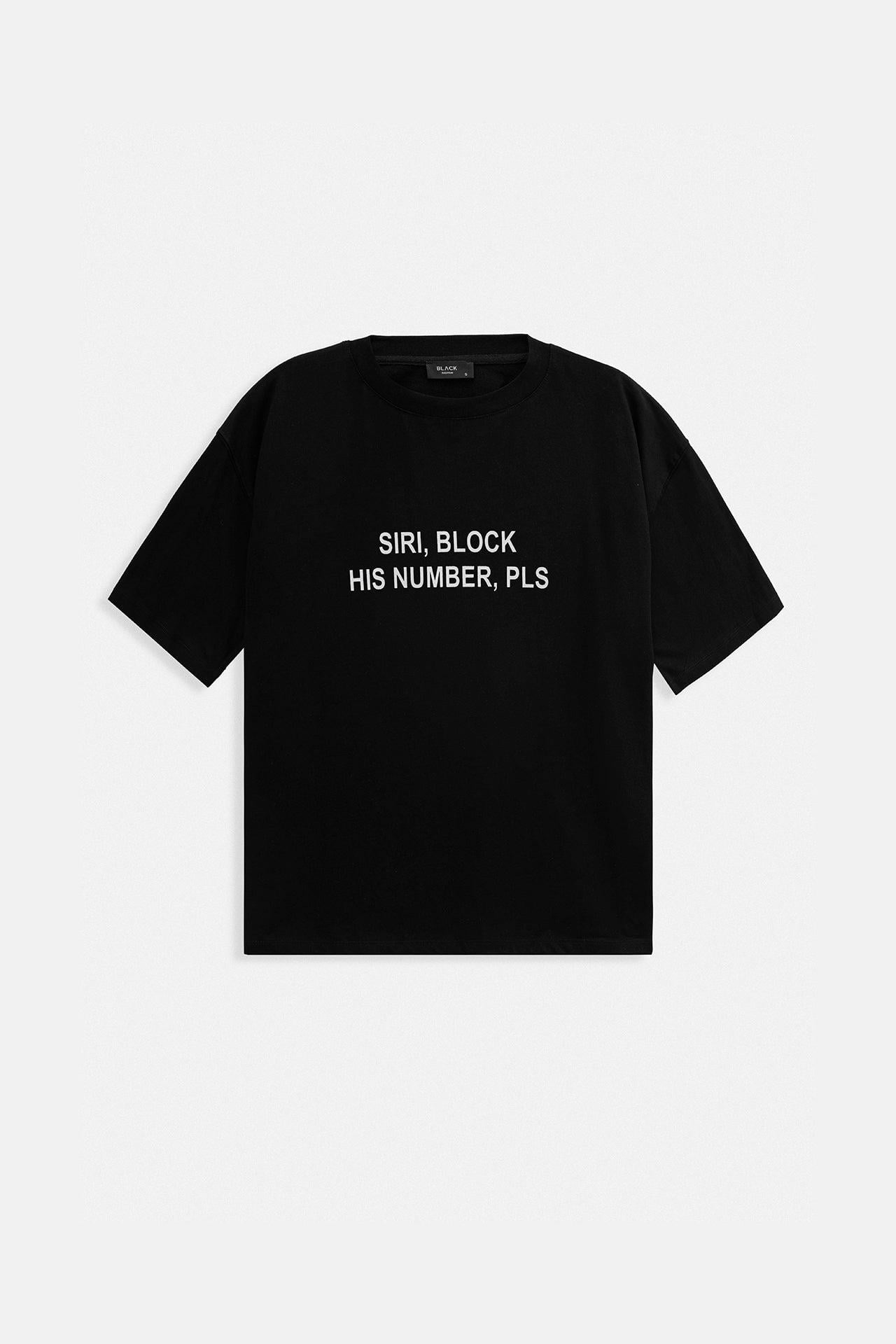 Siri Ön Baskılı Oversize Siyah T-Shirt