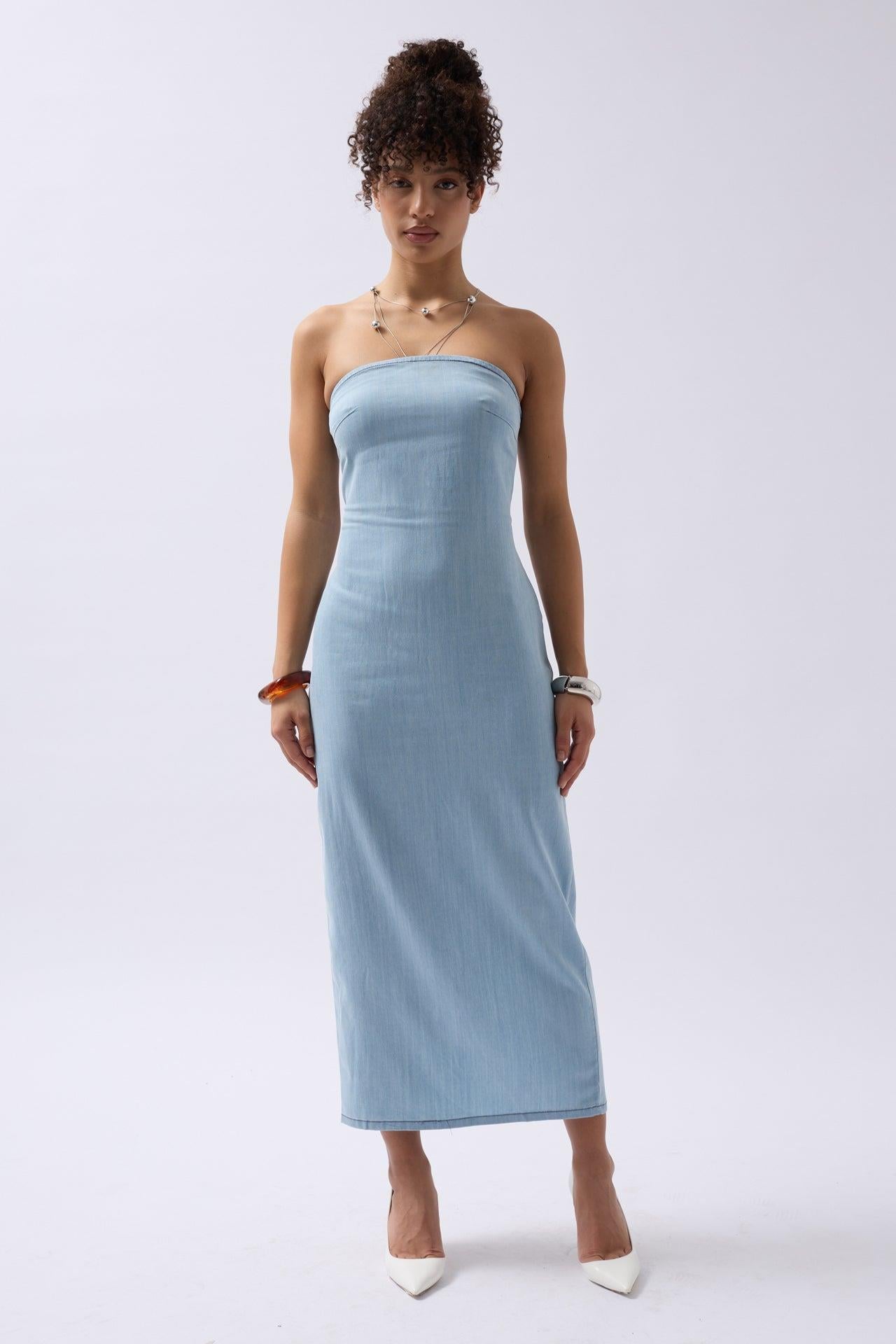 Straplez Denim Maxi Açık Mavi Elbise