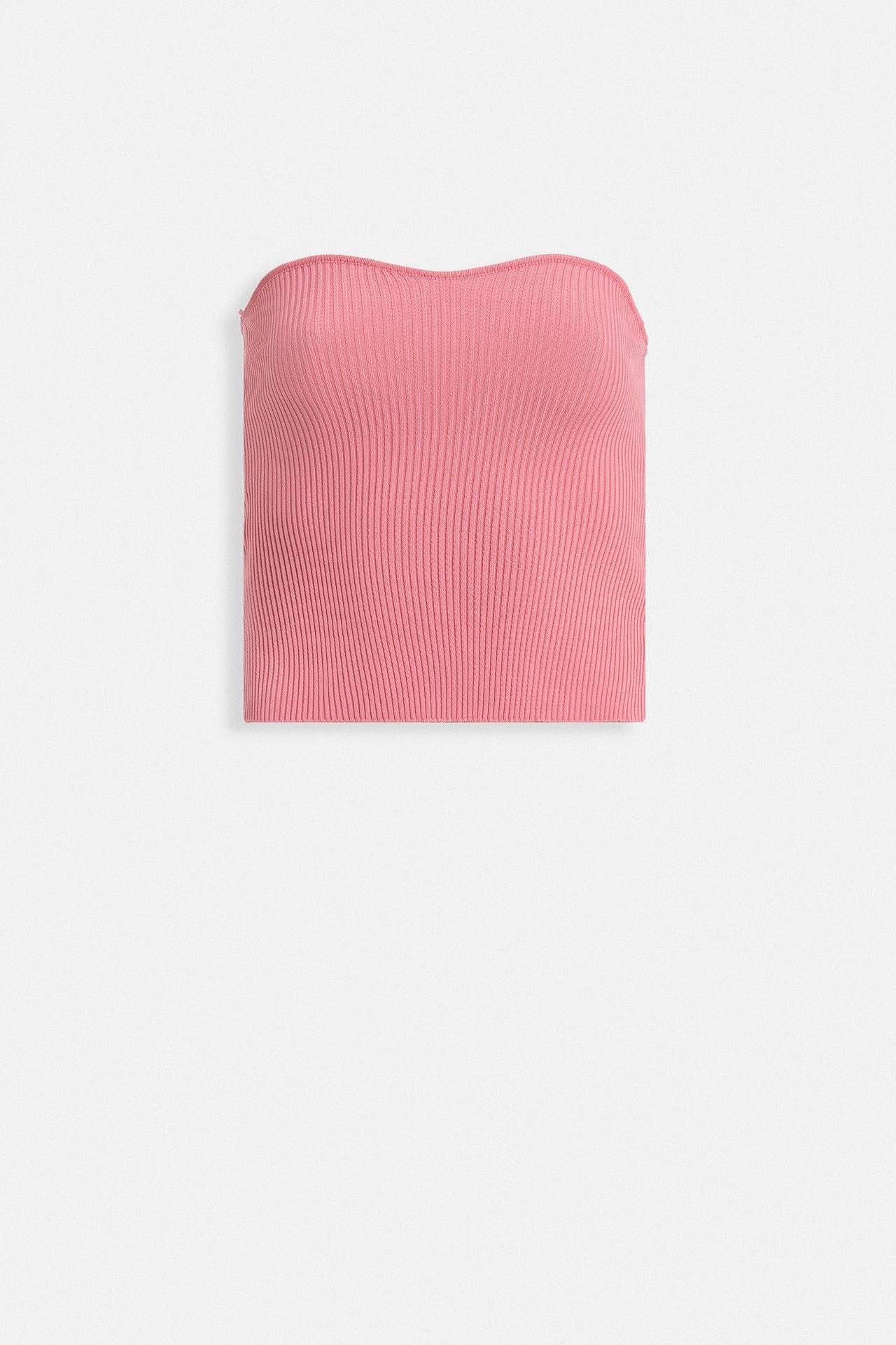 Straplez Dokulu Pembe Crop