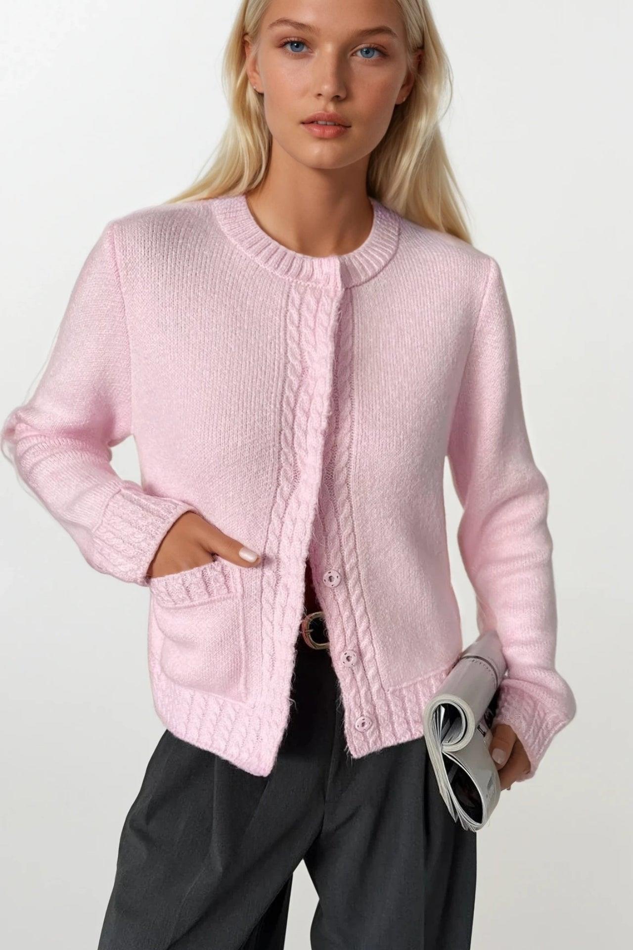 Tek Cepli Çıtçıtlı Pembe Triko Hırka