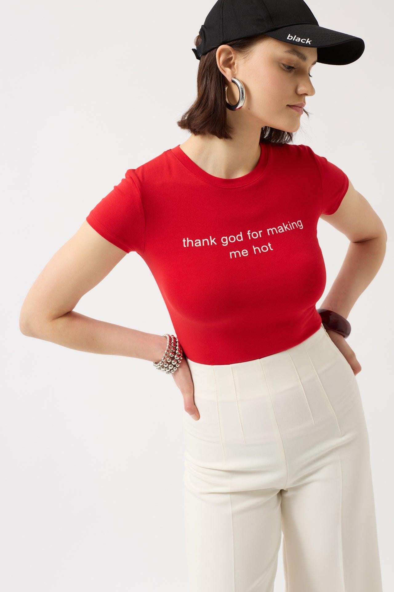 Thanks God Baskılı Likralı Crop Kırmızı T-Shirt