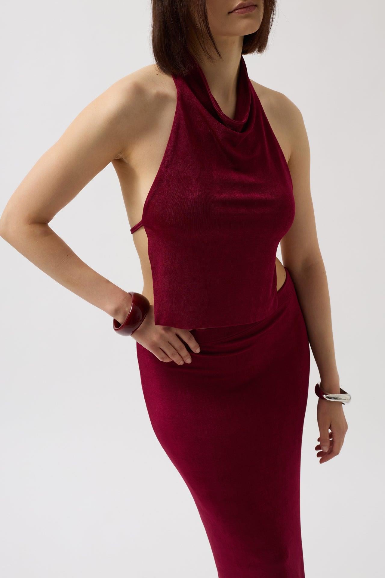 Yarım Balıkçı Sırt Dekolte Crop Bordo Bluz