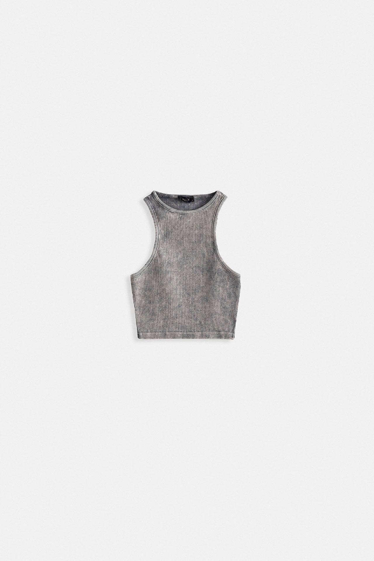 Yıkamalı Halter Yaka Crop Gri Bluz
