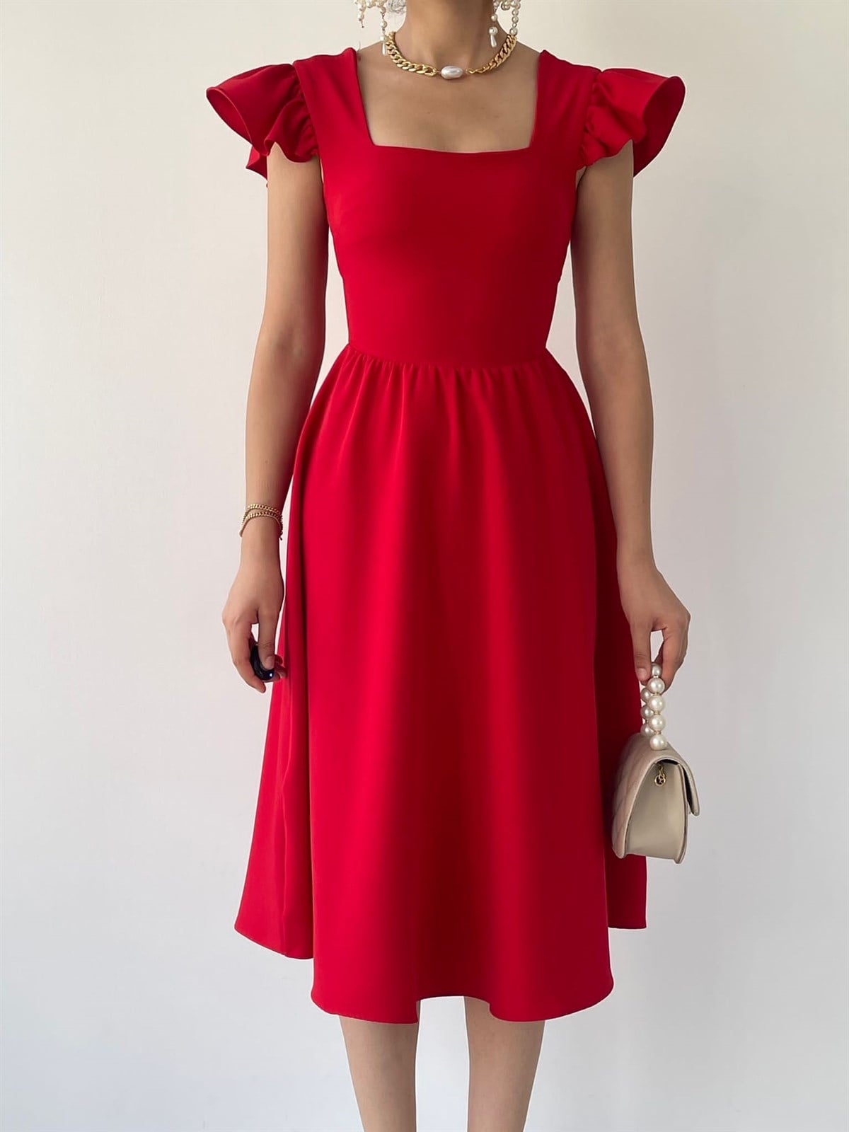 ATLAS KUMAŞ KOL DETAYLI KARE YAKA MİDİ BOY KLOŞ KIRMIZI KIRMIZI ELBİSE RED MIDI DRESSS ETC-125-KIRMIZI