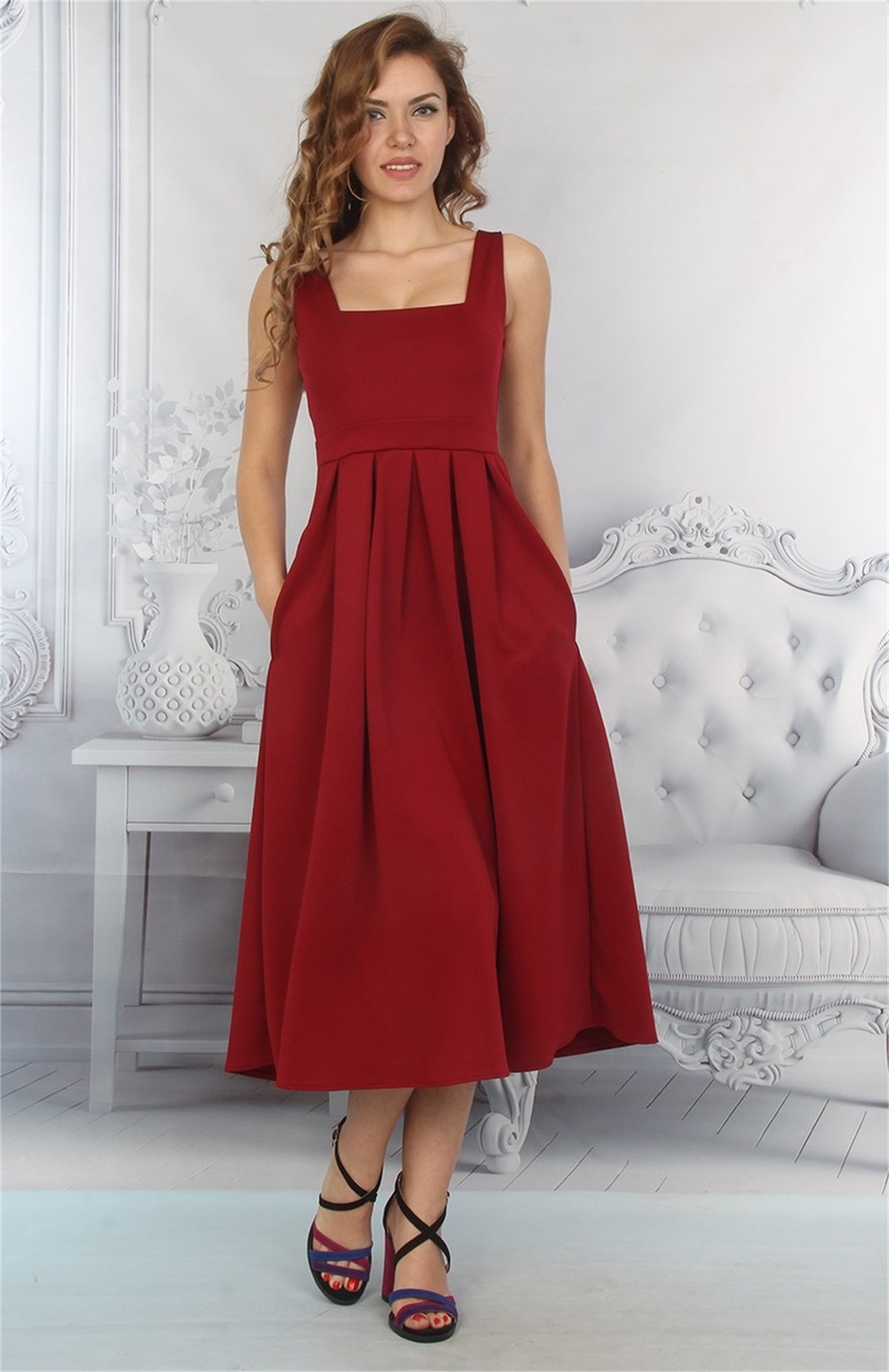 BORDO SCUBA KUMAŞ MİDİ BOY ABİYE ELBİSE ART-FVR-207