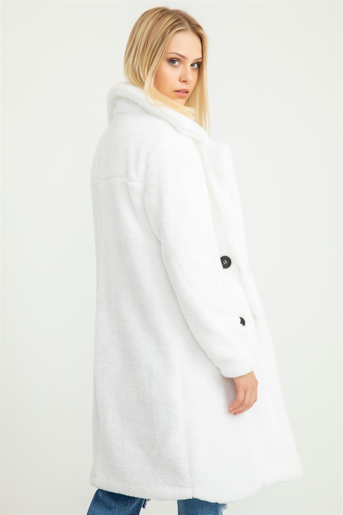 DÜĞME DETAYLI TEDDY PELUŞ KUMAŞ MONT BEYAZ TEDDY KUMAŞ PALTO PELUŞ KIŞLIK MONT KABAN WHITE COAT KTS-002-1