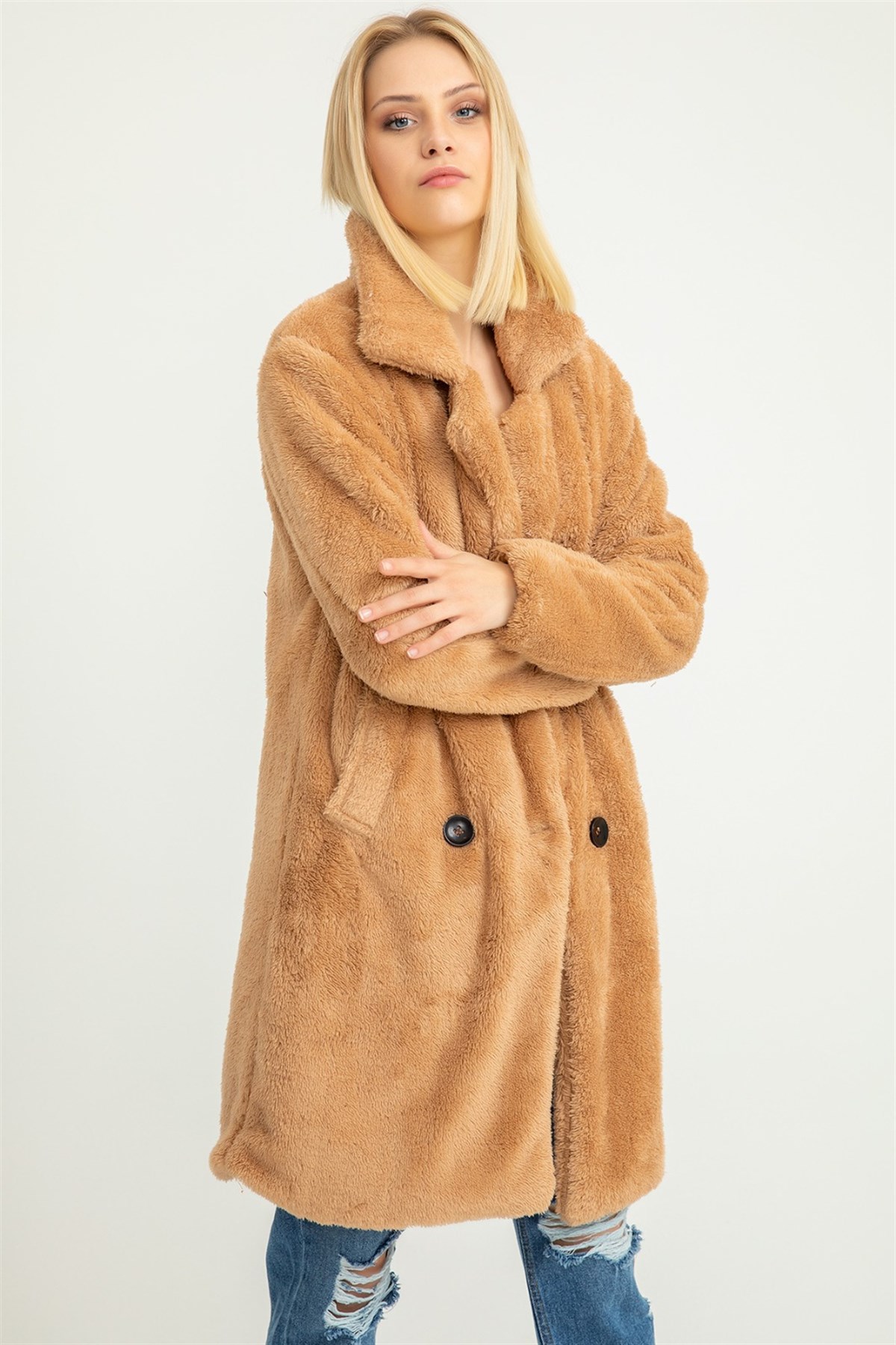 DÜĞME DETAYLI TEDDY PELUŞ KUMAŞ MONT CAMEL TEDDY KUMAŞ PALTO PELUŞ KIŞLIK MONT KABAN CAMEL COAT KTS-002-2