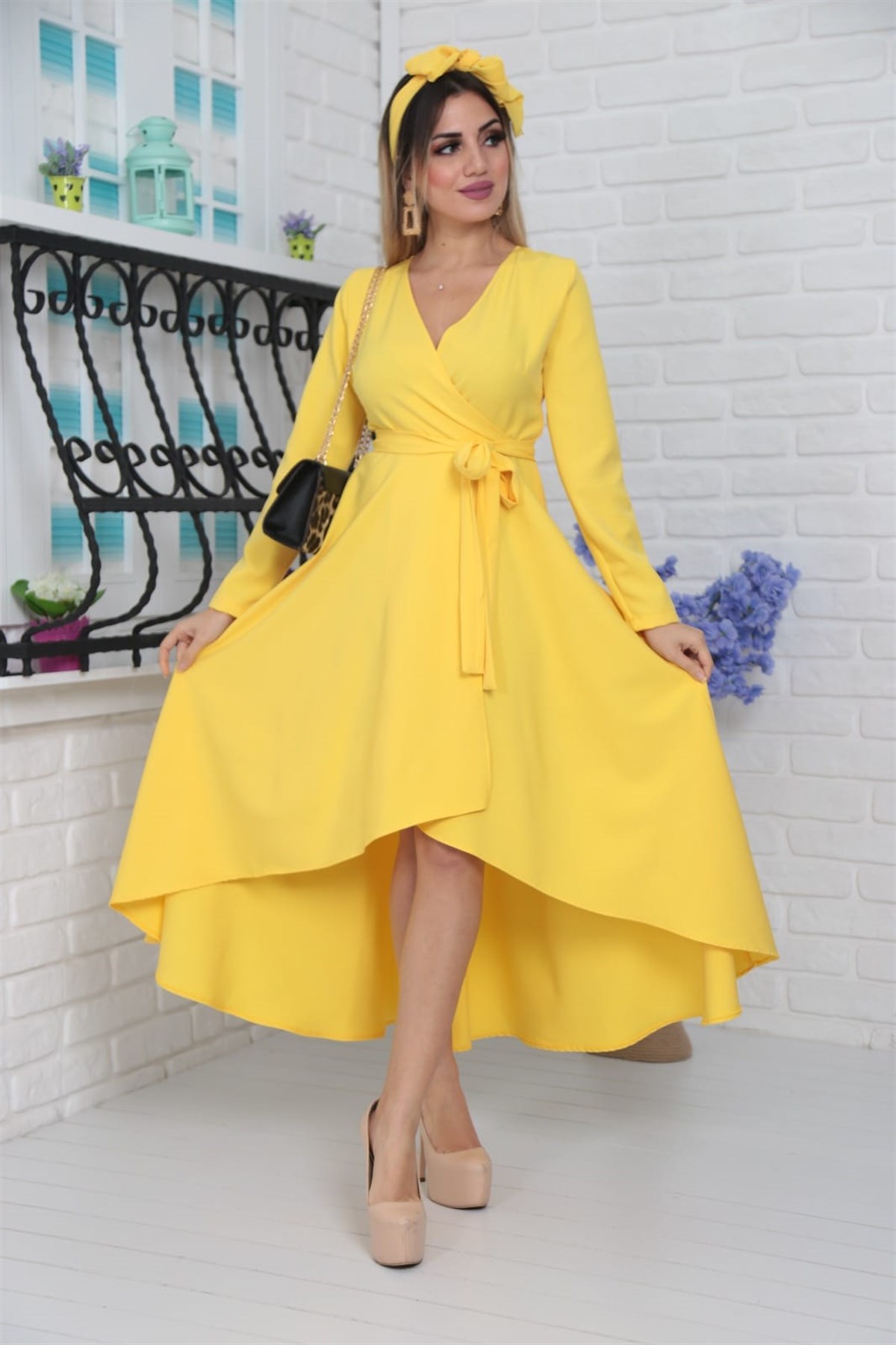 EN BOY LİKRALI ESNEK ATLAS KUMAŞ KUŞAK DETAYLI UZUN KOLLU SPOR ABİYE ELBİSE SARI ABİYE ELBİSE YELLOW DAILY DRESS YELLOW EVENING DRESS PROM DRESS ART-FVR-310-4