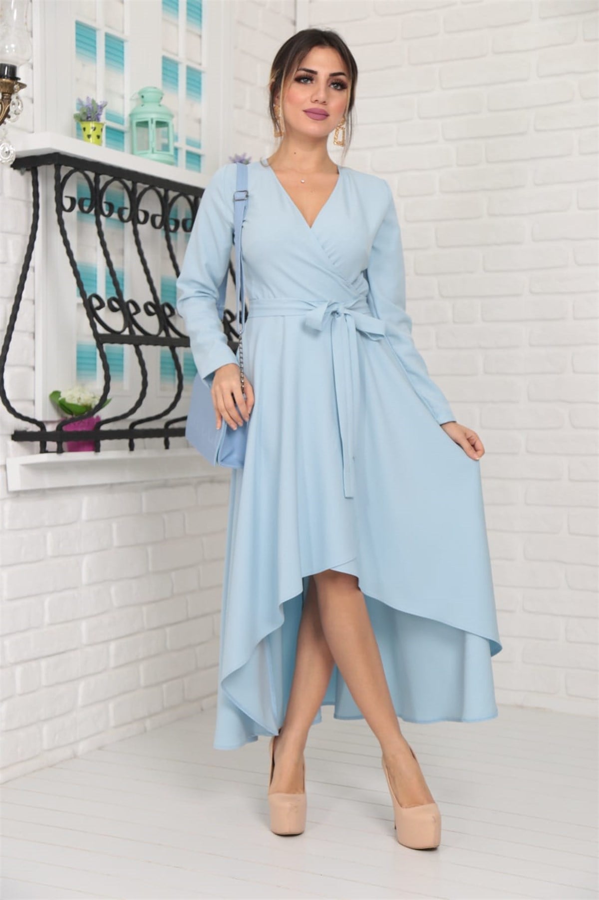 EN BOY LİKRALI ESNEK ATLAS KUMAŞ KUŞAK DETAYLI UZUN KOLLU SPOR ABİYE ELBİSE BEBE MAVİ ABİYE ELBİSE BABY BLUE DAILY DRESS BLACK EVENING DRESS PROM DRESS ART-FVR-310-8