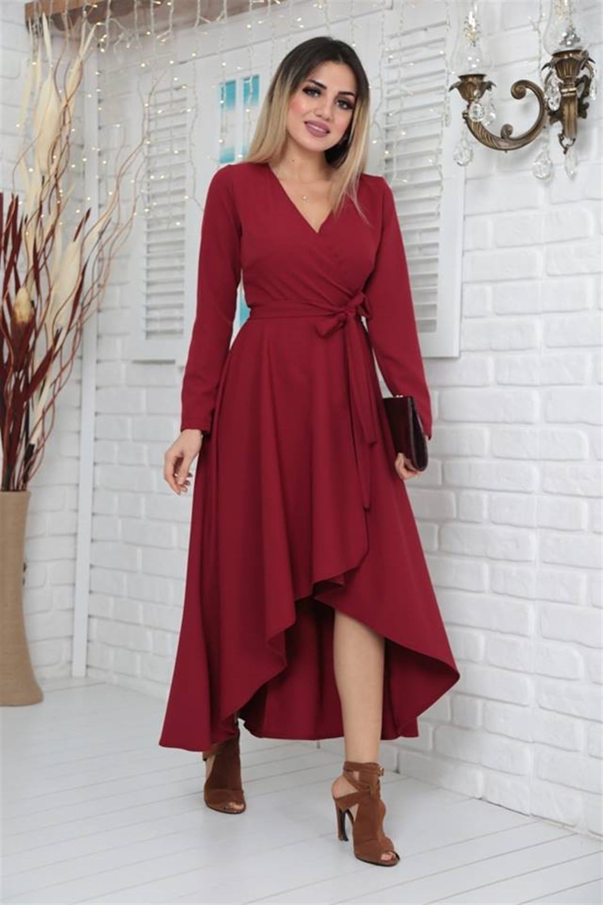 EN BOY LİKRALI ESNEK ATLAS KUMAŞ KUŞAK DETAYLI UZUN KOLLU SPOR ABİYE ELBİSE BORDO ABİYE ELBİSE DARK RED HAZEL DAILY DRESS BLACK EVENING DRESS PROM DRESS ART-FVR-310-5