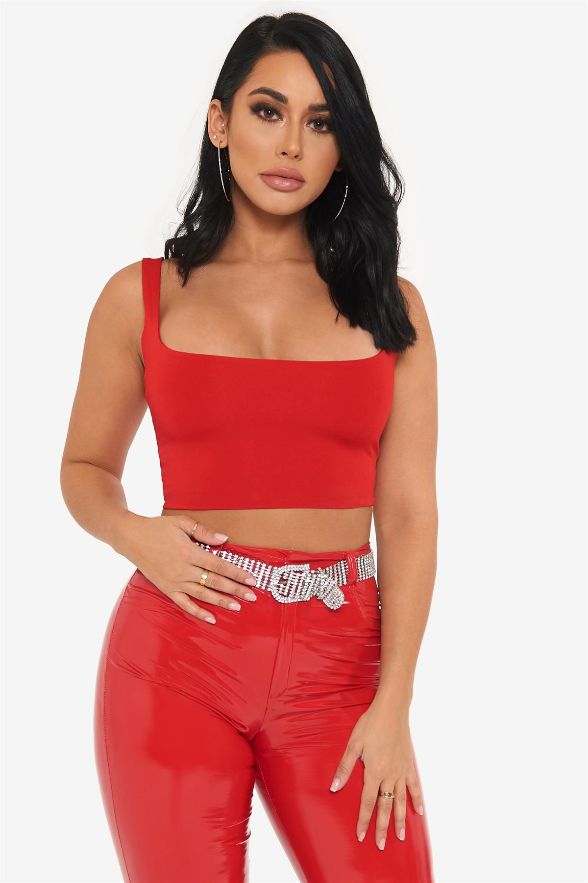 ESNEK DALGIÇ KUMAŞ KARE YAKA ASKILI KIRMIZI BÜSTİYER RED TOP DNM-487-3