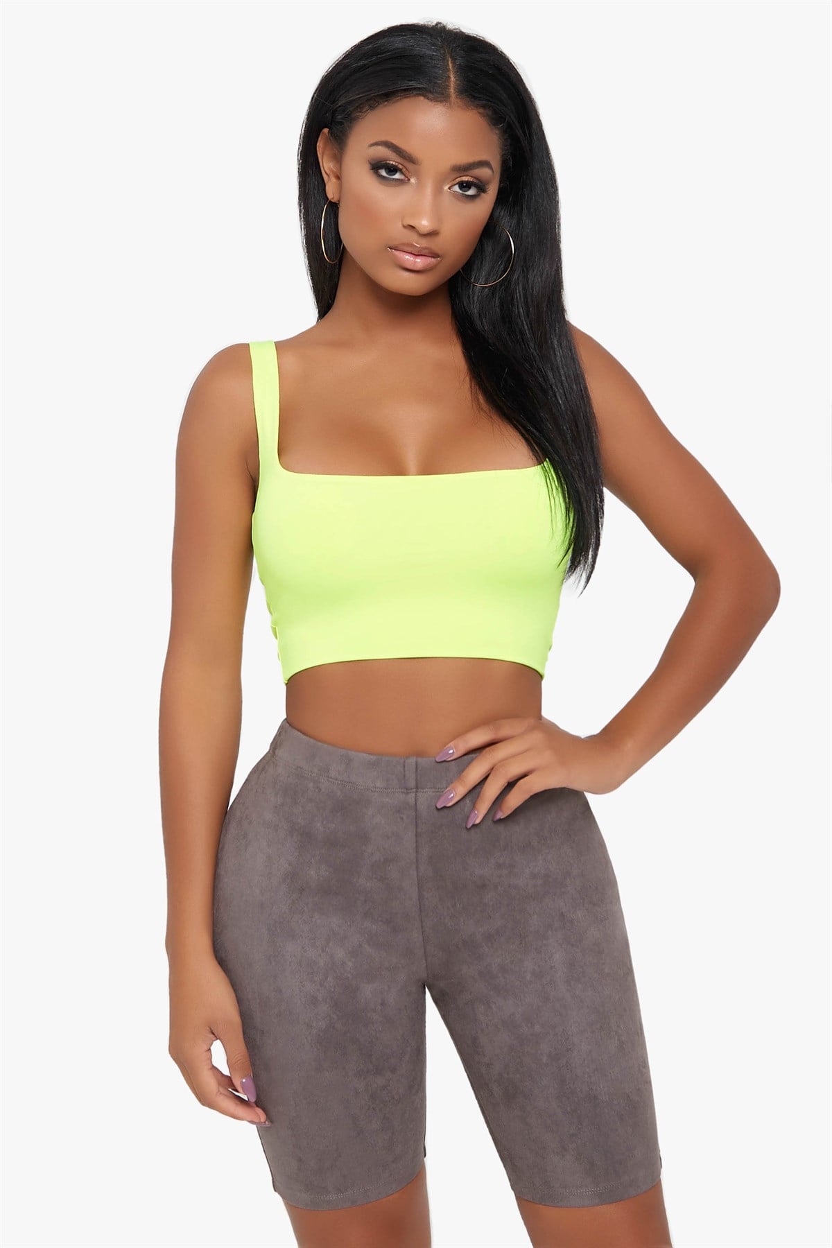 ESNEK DALGIÇ KUMAŞ KARE YAKA ASKILI NEON YEŞİL BÜSTİYER NEON GREEN TOP DNM-487-neonyeşil